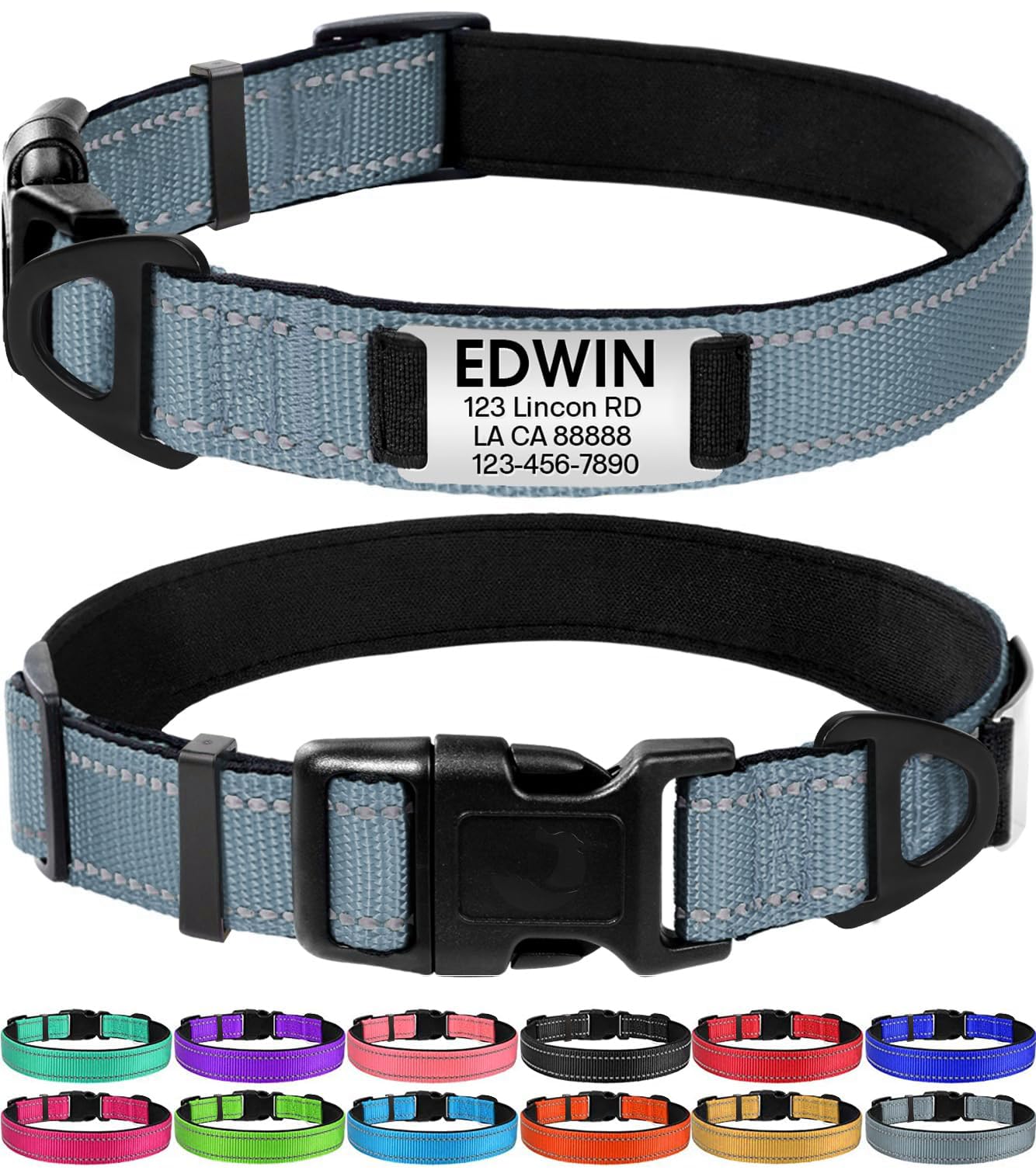 Joytale Personalized Reflective Nylon Dog Collar with Engraved Name Plate - Custom Small Dog Collar in Gray Size S - Perfect for Night Walks & Pet Safety