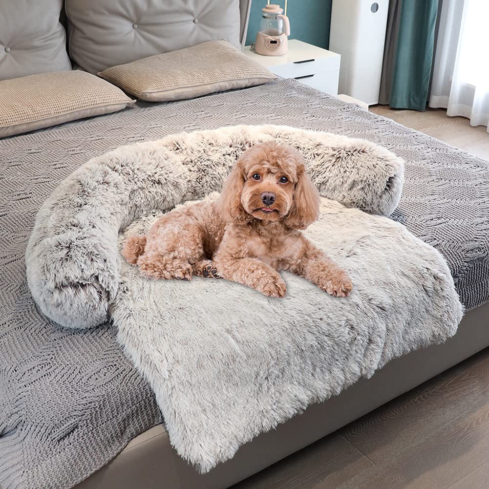 Waterproof Calming Dog Bed - Plush Pet Couch Protector & Sofa Mat with Soft Neck Bolster - Machine Washable Gradient Brown Small - Perfect for Anxiety Relief, Crate Training & Living Room Furniture Protection