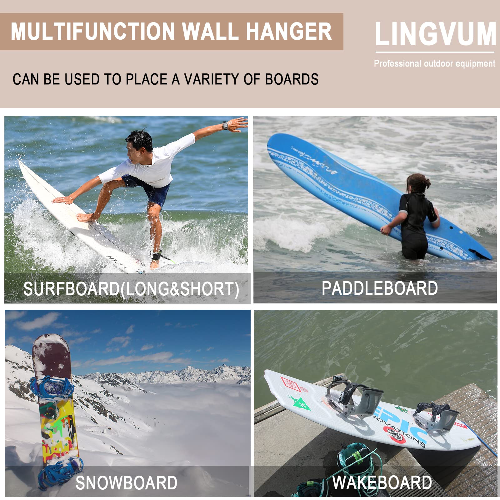 Premium Surfboard Wall Mount Racks - Heavy Duty Bamboo Surf Board Hangers for Longboards, Shortboards, Skateboards, Snowboards & Ski Boards | Indoor & Outdoor Use | Perfect for Garage, Beach House & Sports Equipment Storage