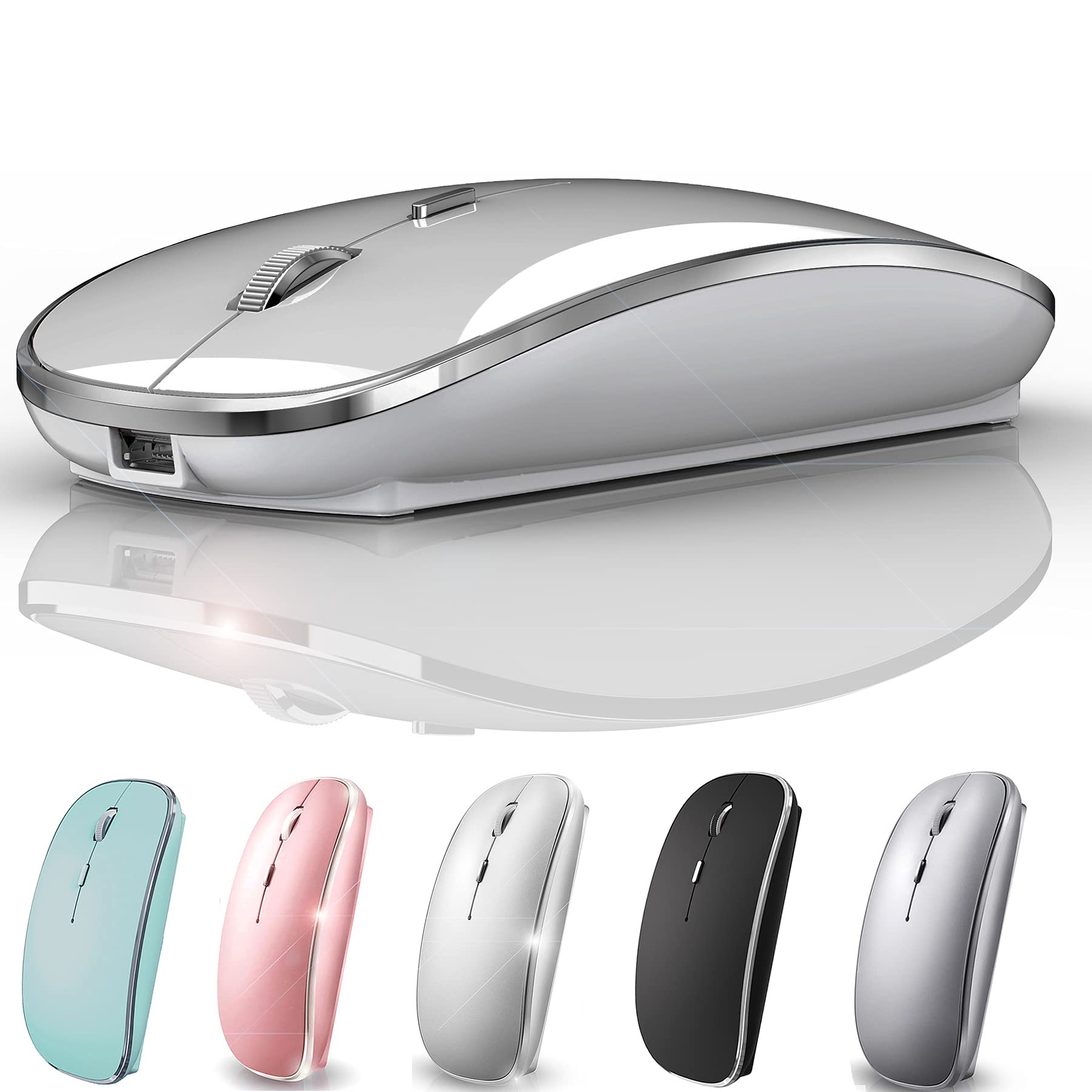 Rechargeable Wireless Bluetooth Mouse for iPad Pro, iPad Air, MacBook, Chromebook, Windows Laptops - Compatible with HP, Dell (Silver) - Perfect for Office, Home, and Travel Use