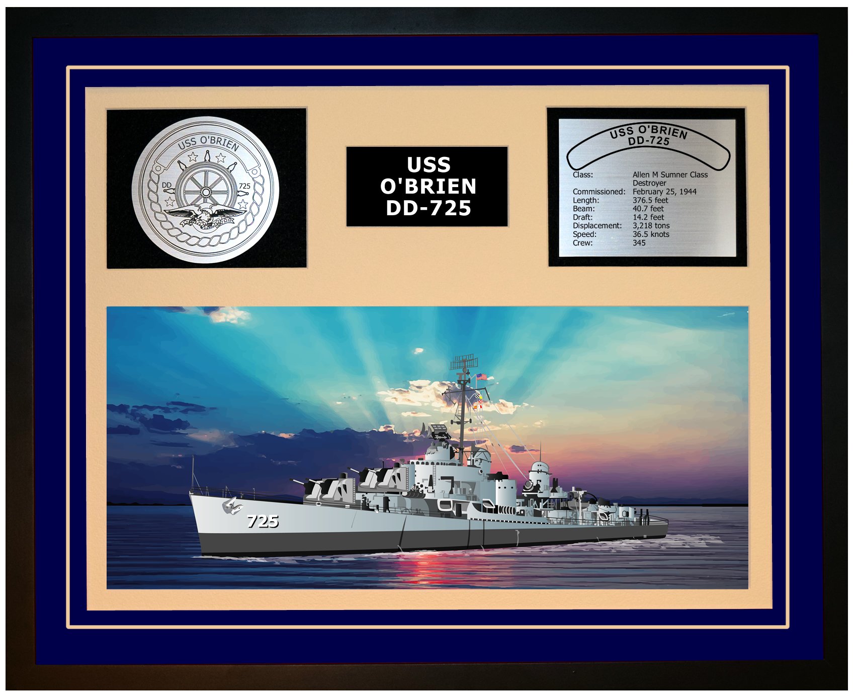 USS O'Brien DD-725 Navy Ship Display - Framed Blue Military Decor for Home, Office & Gifts | Navy Emporium