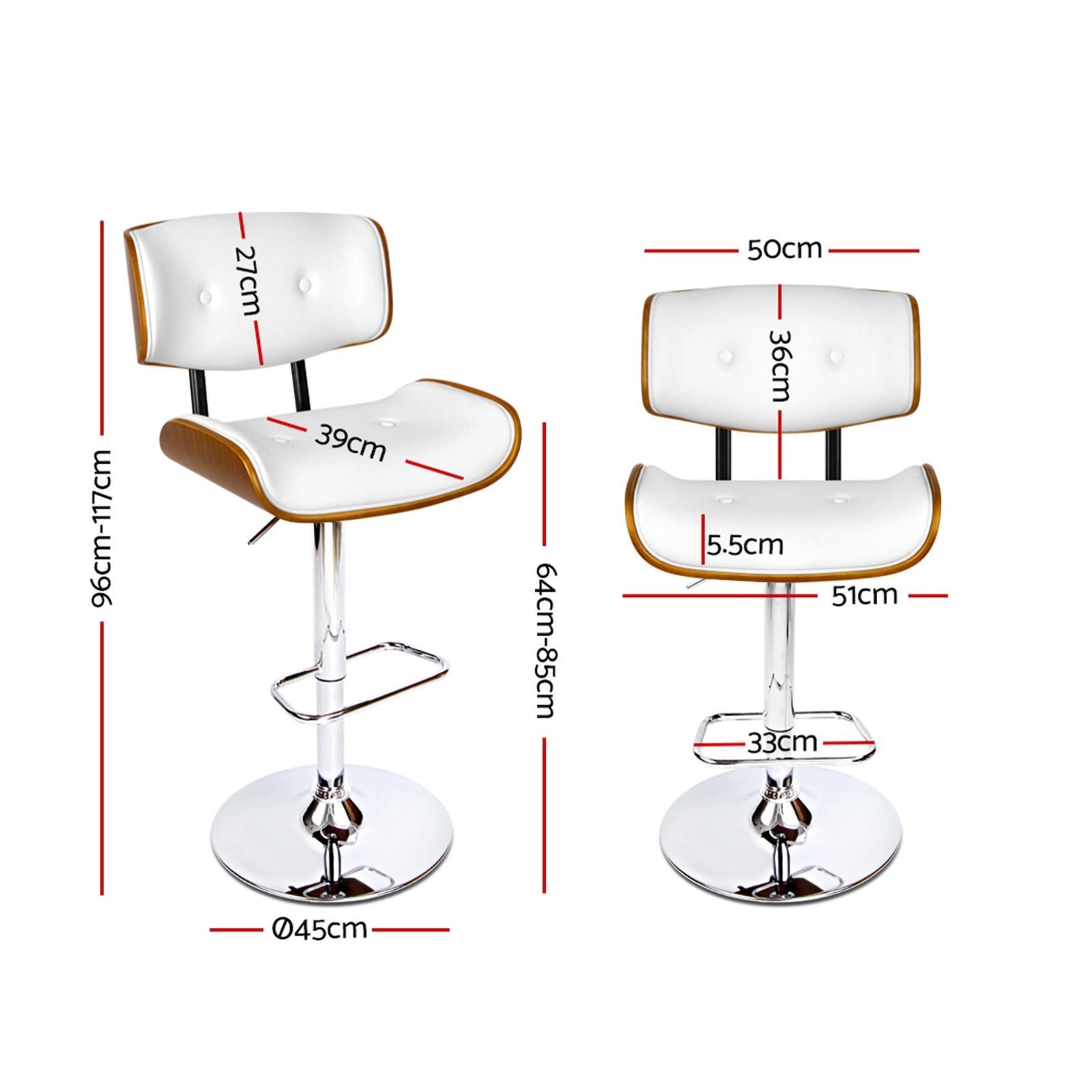 Artiss Adjustable Height Two Bar Stools with Gas Lift Mechanism - White Leather Counter Stools for Kitchen Island, Bar, or Dining Room