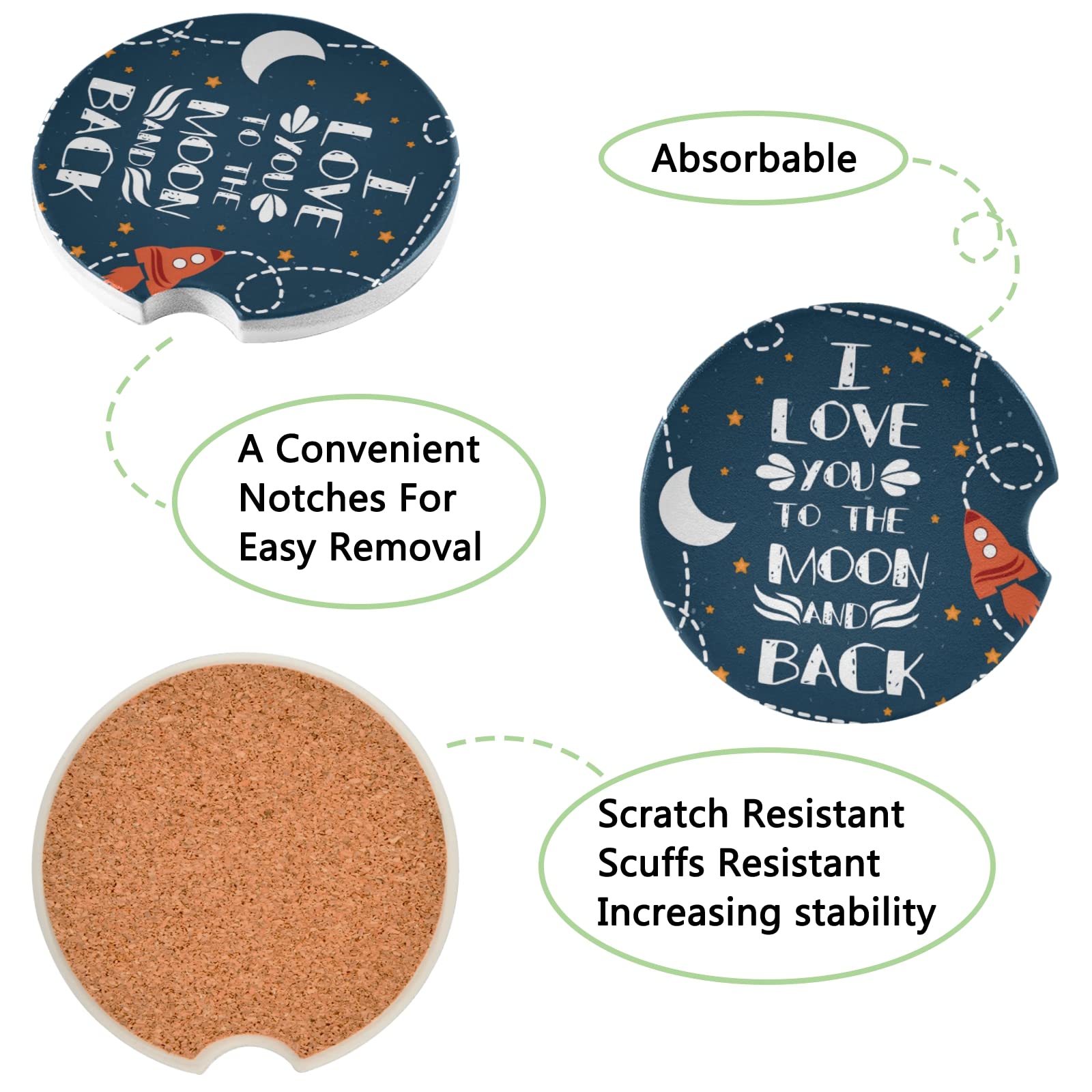 Valentine's Day Moon Rocket Car Coasters 2PCs - Absorbent Cup Mats with Cork Back for Cars