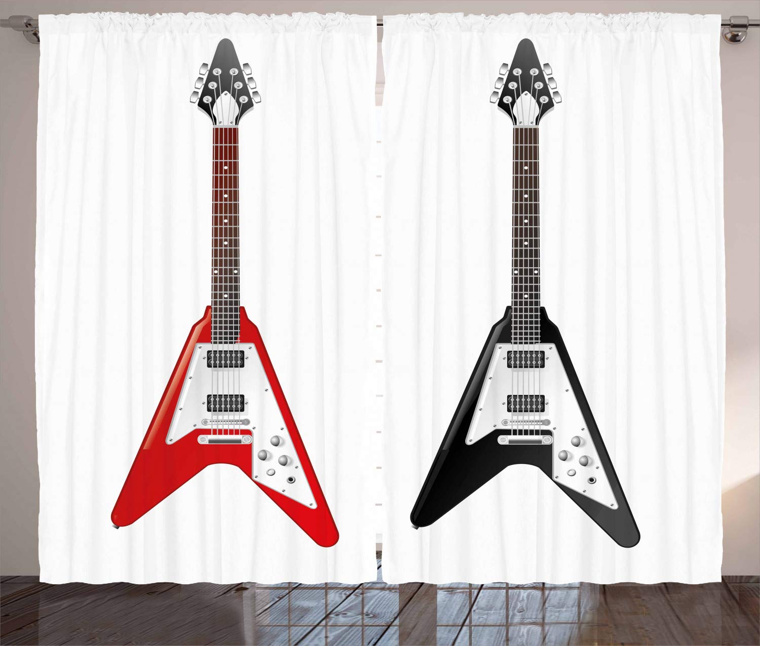 Ambesonne Guitar Themed Curtains - Rock & Roll Musical Instrument V-Shaped Design Window Drapes for Living Room & Bedroom - 2 Panel Set (108