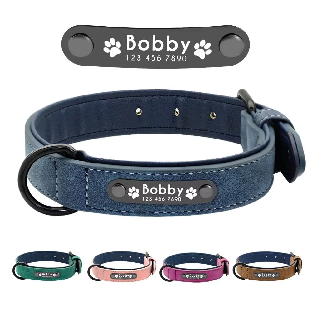 Custom Engraved Leather Dog Collar with Personalized Nameplate - Padded Comfort Collar for Small, Medium & Large Dogs (Blue, Size L) - Perfect for Daily Walks, Training & Pet Identification