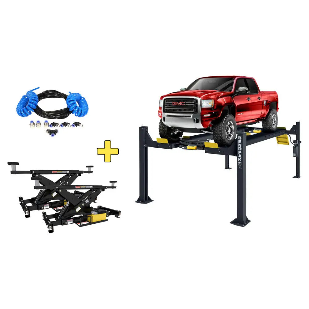 BendPak HDSO14AX 14,000 lb Open Front Alignment Lift with 2 RJ7W Jack Stands & Airline Kit - Perfect for Auto Repair Shops and Professional Garages
