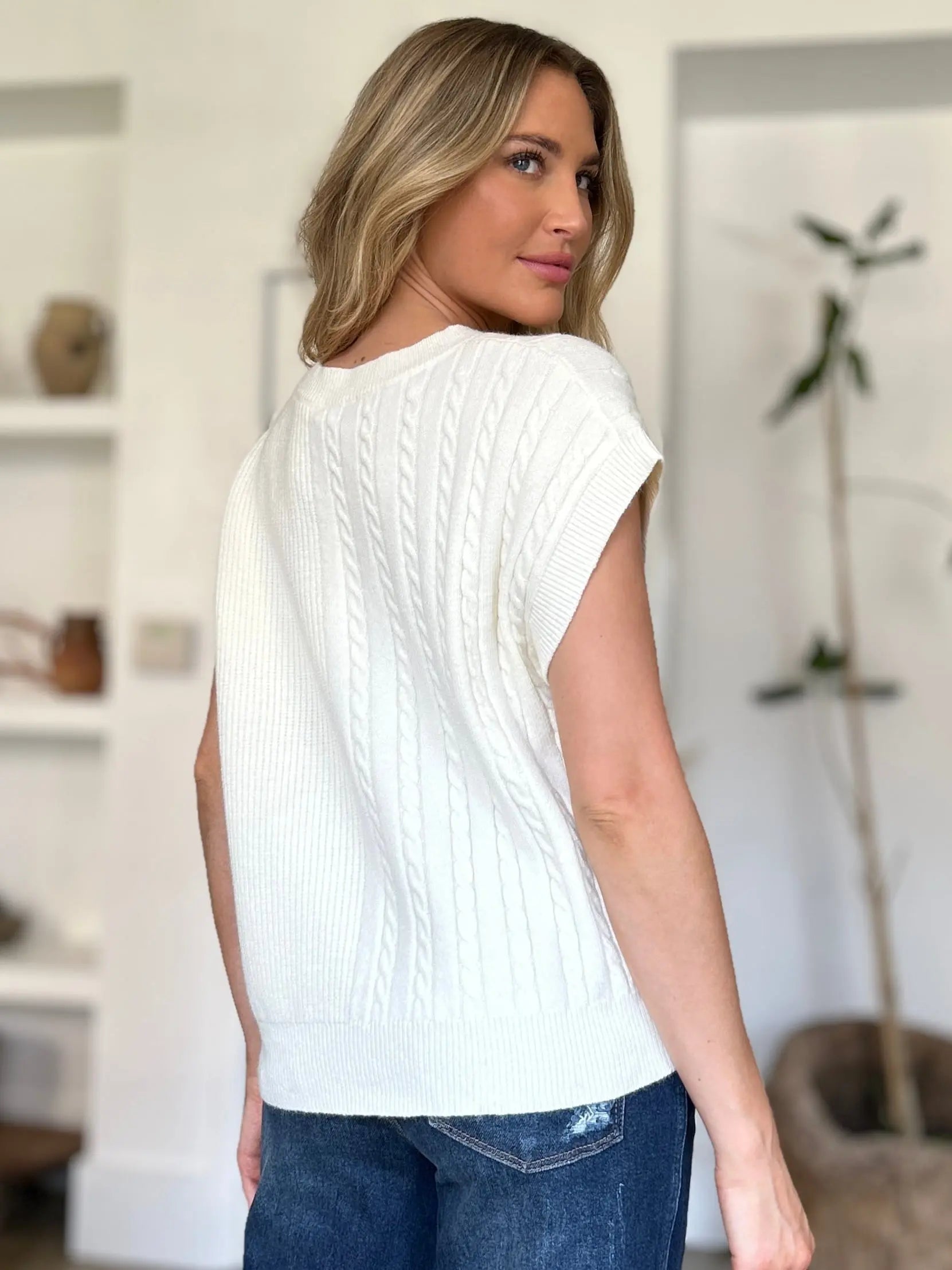 Double Take Full Size Cable Knit Round Neck Short Sleeve Sweater for Women - Cozy Casual Pullover Top for Fall & Winter - Perfect for Office, Date Night and Weekend Outings