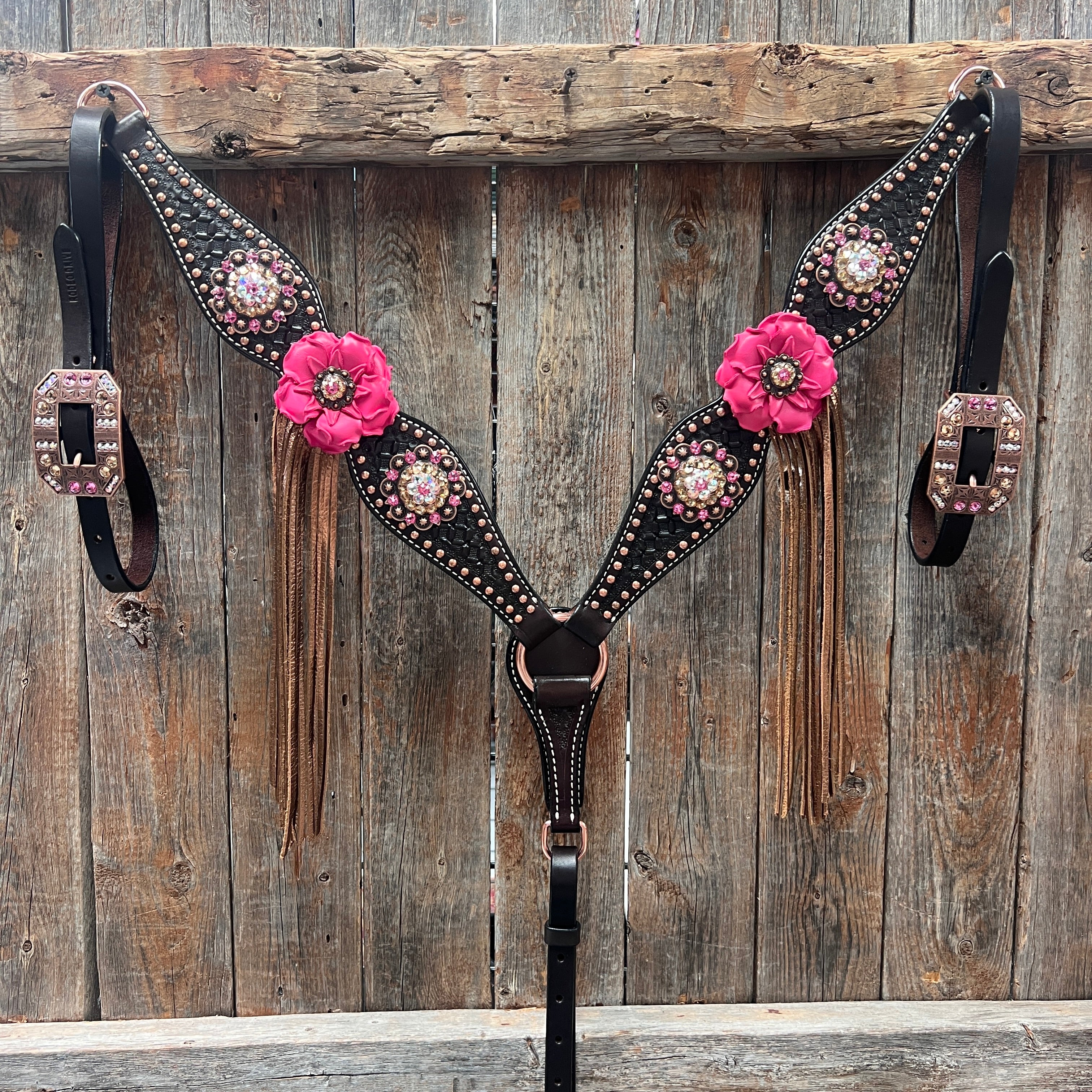 Premium Dark Oil Honeycomb Copper Dot Browband & Breastcollar Tack Set - Elegant Copper Pink & Champagne Equestrian Gear for Dressage & Show Jumping | BBBC614
