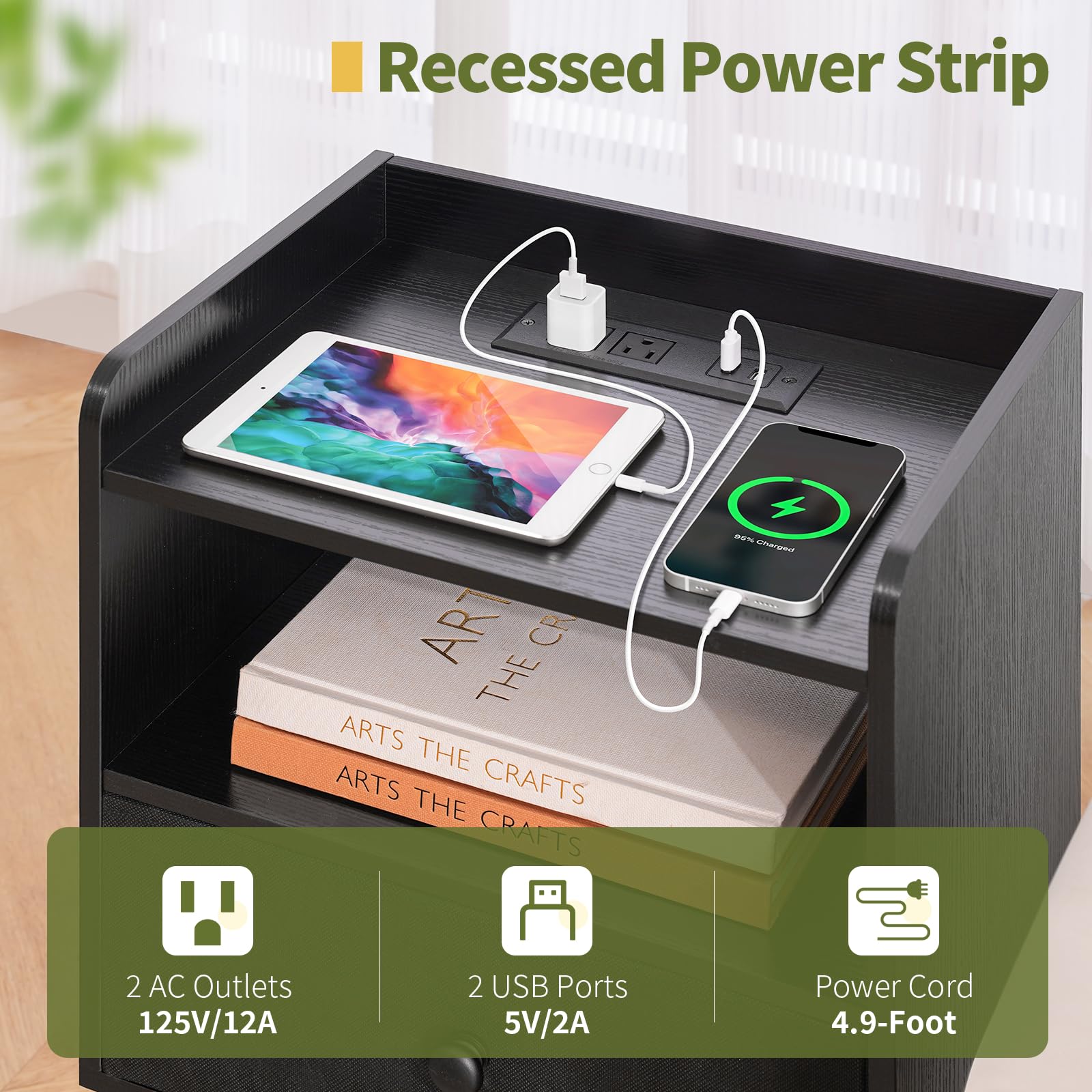 Yoobure Modern Nightstand with Charging Station & LED Lights - Wood Bedside Table with USB Ports, Fabric Drawer & Storage Shelf - Perfect for Bedroom, Office or Home Decor (Night Stand with Convenient Device Charging & Ambient Lighting)