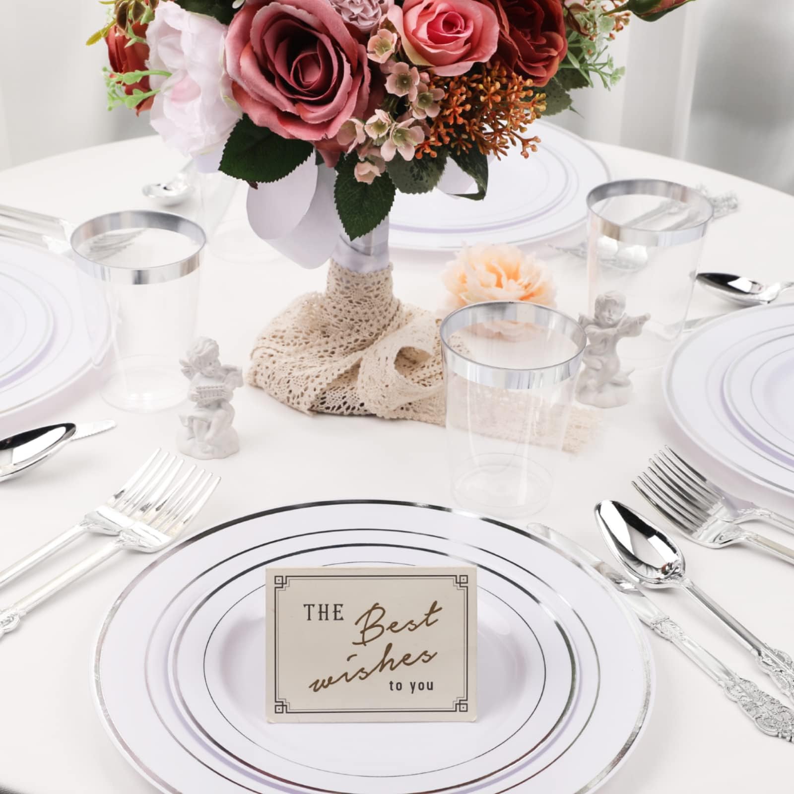150-Piece Silver Plastic Disposable Dinnerware Set - Includes 25 Dinner Plates, 25 Salad Plates, 25 Forks, 25 Knives & 25 Spoons with 25 Napkins - Perfect for Parties, Catering & Outdoor Events