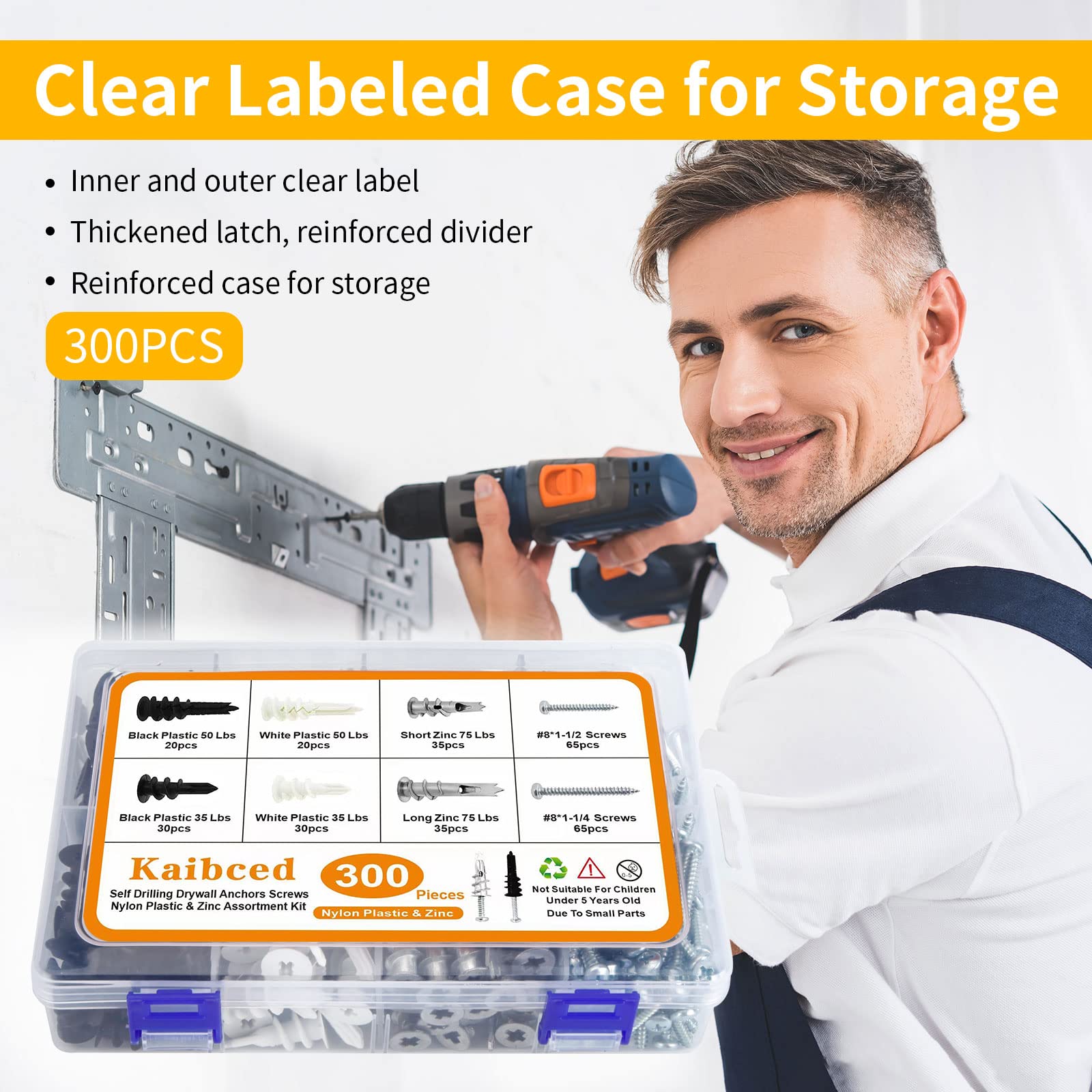 300 PCS Self-Drilling Drywall Anchors & Screws Kit - Heavy Duty Wall Anchors for Drywall, Sheetrock, Hollow Doors & Plaster Walls - Includes Organizer Box for Easy Storage - Perfect for Home Improvement & DIY Projects