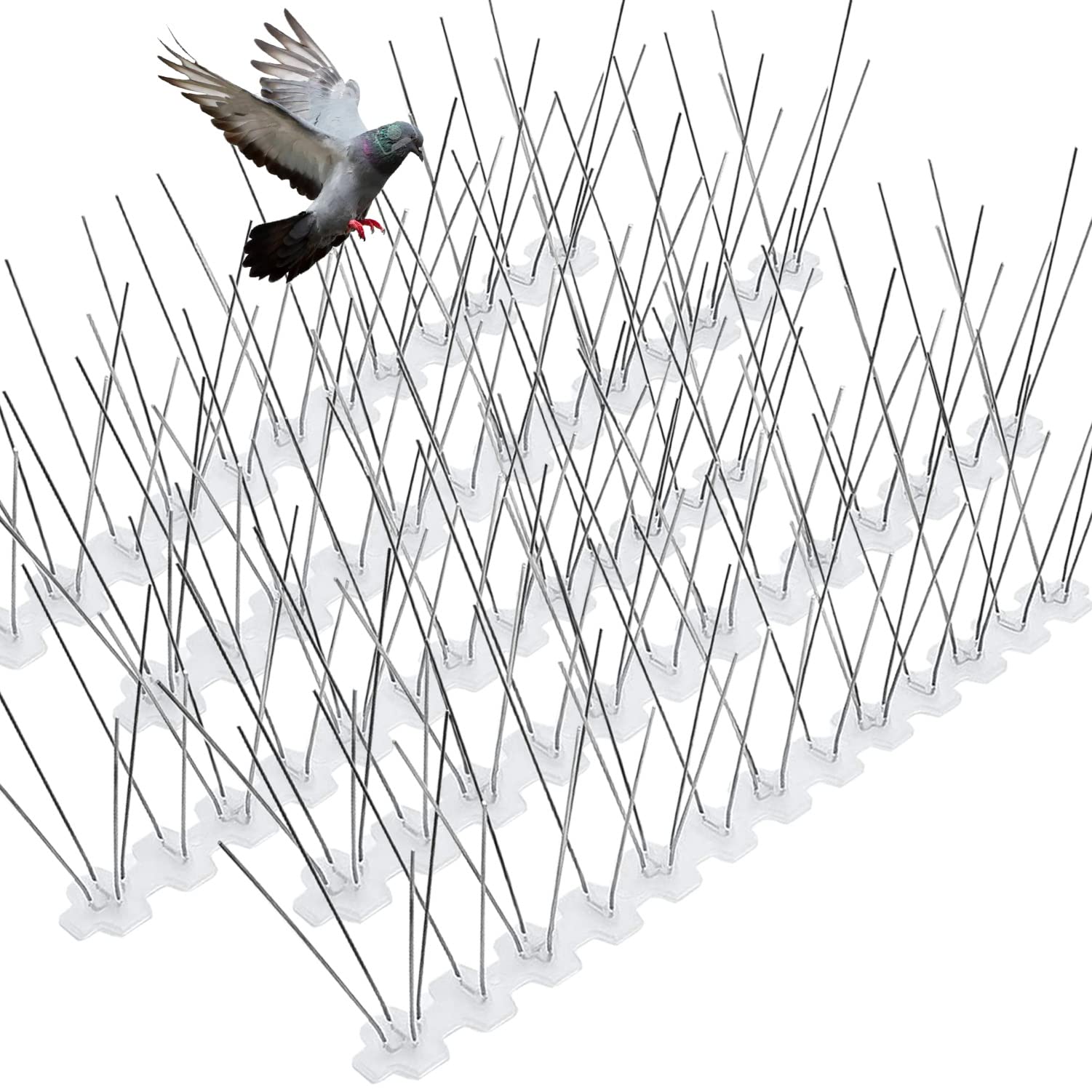 Stainless Steel Bird Spikes for Pigeons & Small Birds - 100ft Coverage, 304 SS Pins with Durable Plastic Base - Outdoor Bird Control for Fences, Roofs, Ledges & Balconies - Prevent Nesting & Protect Property