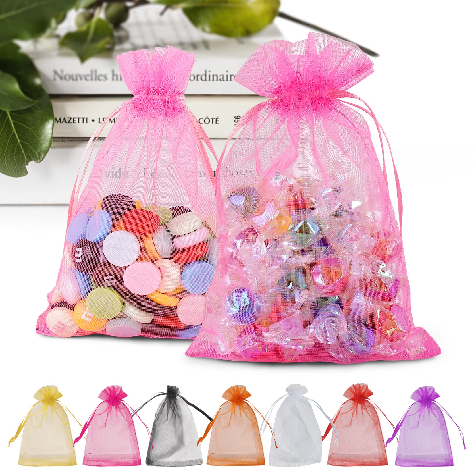 100PCS 5x7 Inch Sheer Pink Organza Drawstring Bags - Small Mesh Gift Bags for Makeup, Jewelry, Party Favors | Perfect for Weddings, Baby Showers & Festival Gift Wrapping