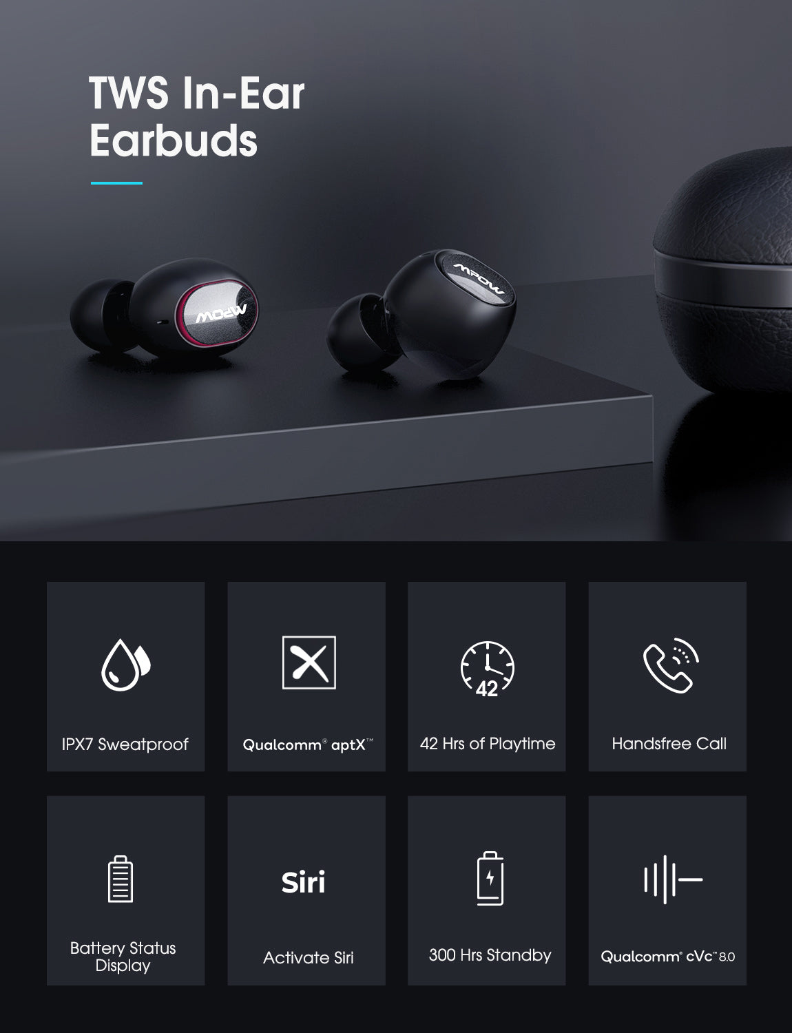 Mpow M5 aptX True Wireless Earbuds with cVc 8.0 Noise Cancellation - Bluetooth 5.0 Headphones for Gym, Running, Workout & Commuting | 30H Playtime, IPX7 Waterproof, Touch Control
