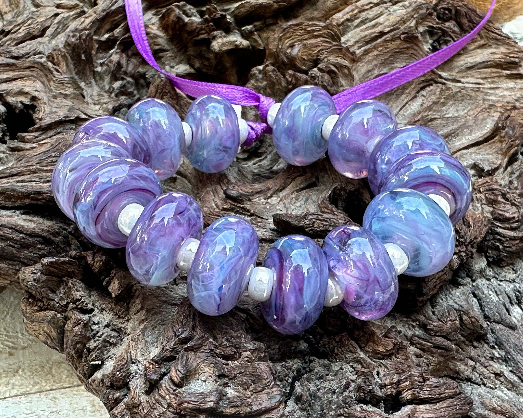 14 Wisteria Purple Swirl Lampwork Glass Beads Set for Jewelry Making - DIY Necklace, Bracelet, Earrings Craft Supplies - Perfect for Handmade Gifts & Boho Style Accessories