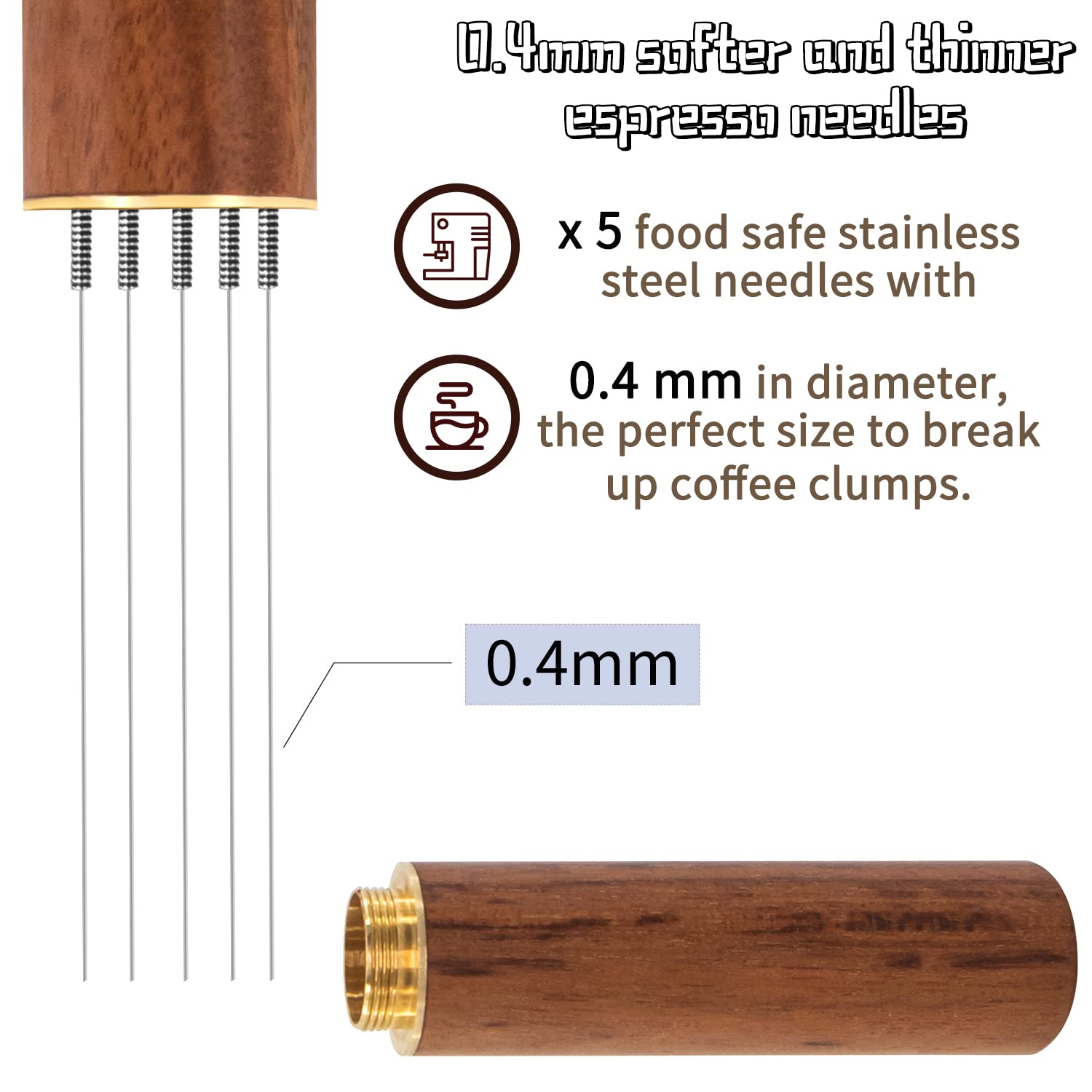 Professional Espresso Coffee Stirrer & Distribution Tool - 5 Needle Barista Hand Needle Tool with 0.4mm Needles & Natural Wood Handle + Stand - Perfect for Home Baristas & Coffee Shops