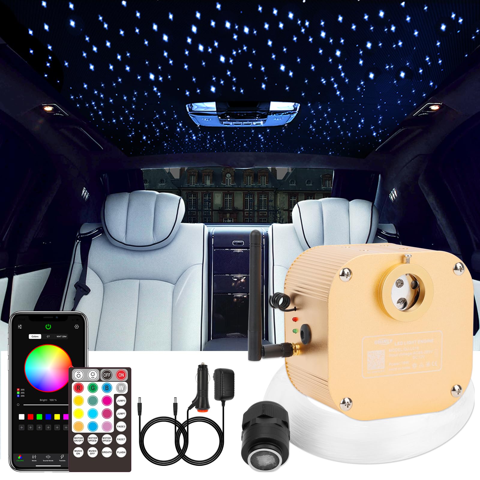 CHINLY Starlight Headliner Kit - 16W 450pcs Fiber Optic Star Lights for Cars & Home Theaters, 13.1ft RGBW Bluetooth APP & Remote Control Ceiling Light (0.03in+0.04in+0.06in) - Perfect for Car Interiors, Bedroom Decor, and DIY Starry Night Projects