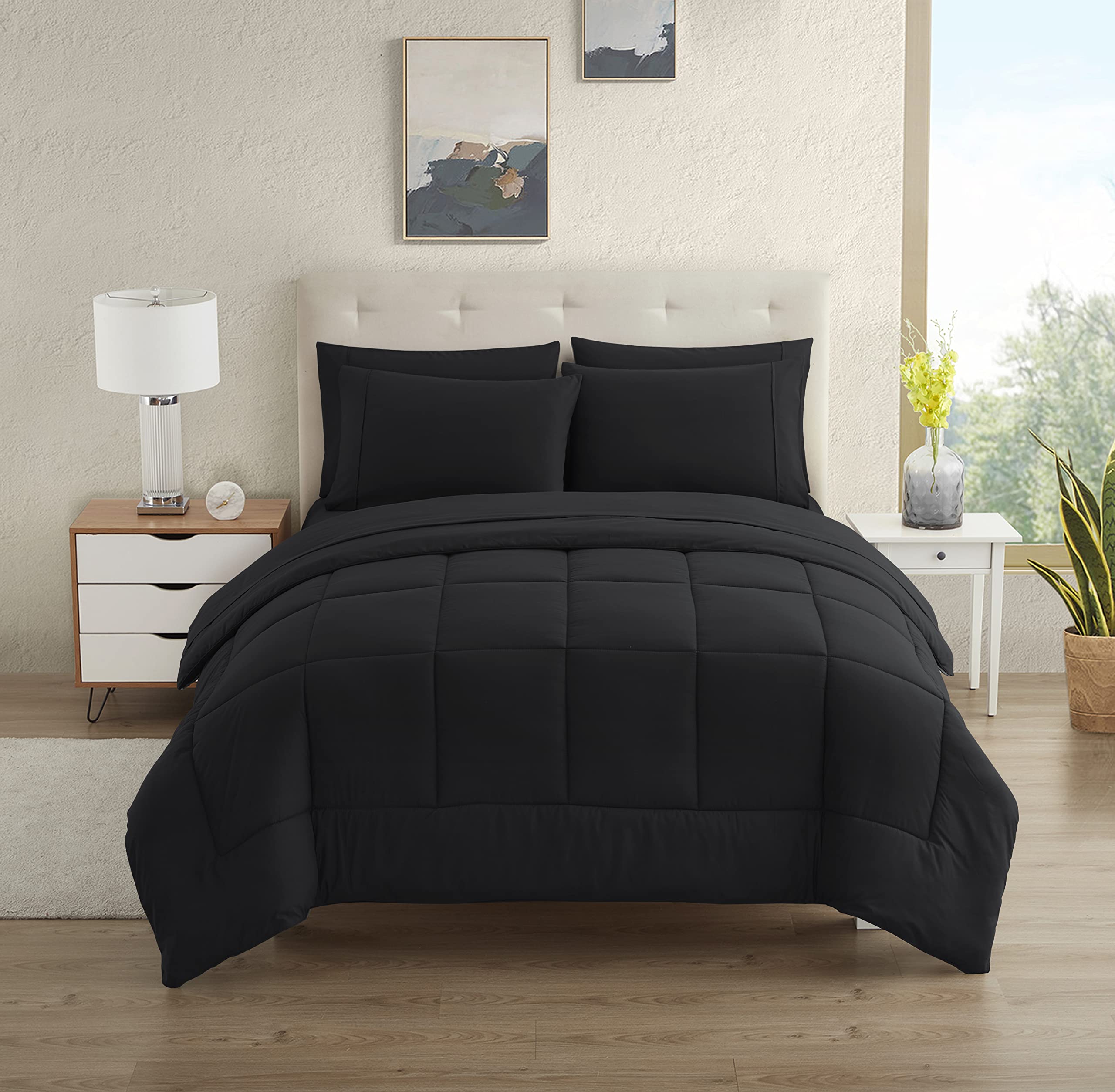 7-Piece Full Size College Bedding Comforter Set - Dorm Room Essentials for Boys & Girls | Black Bed in a Bag | Perfect for University Dorms, Student Housing & Teen Bedrooms