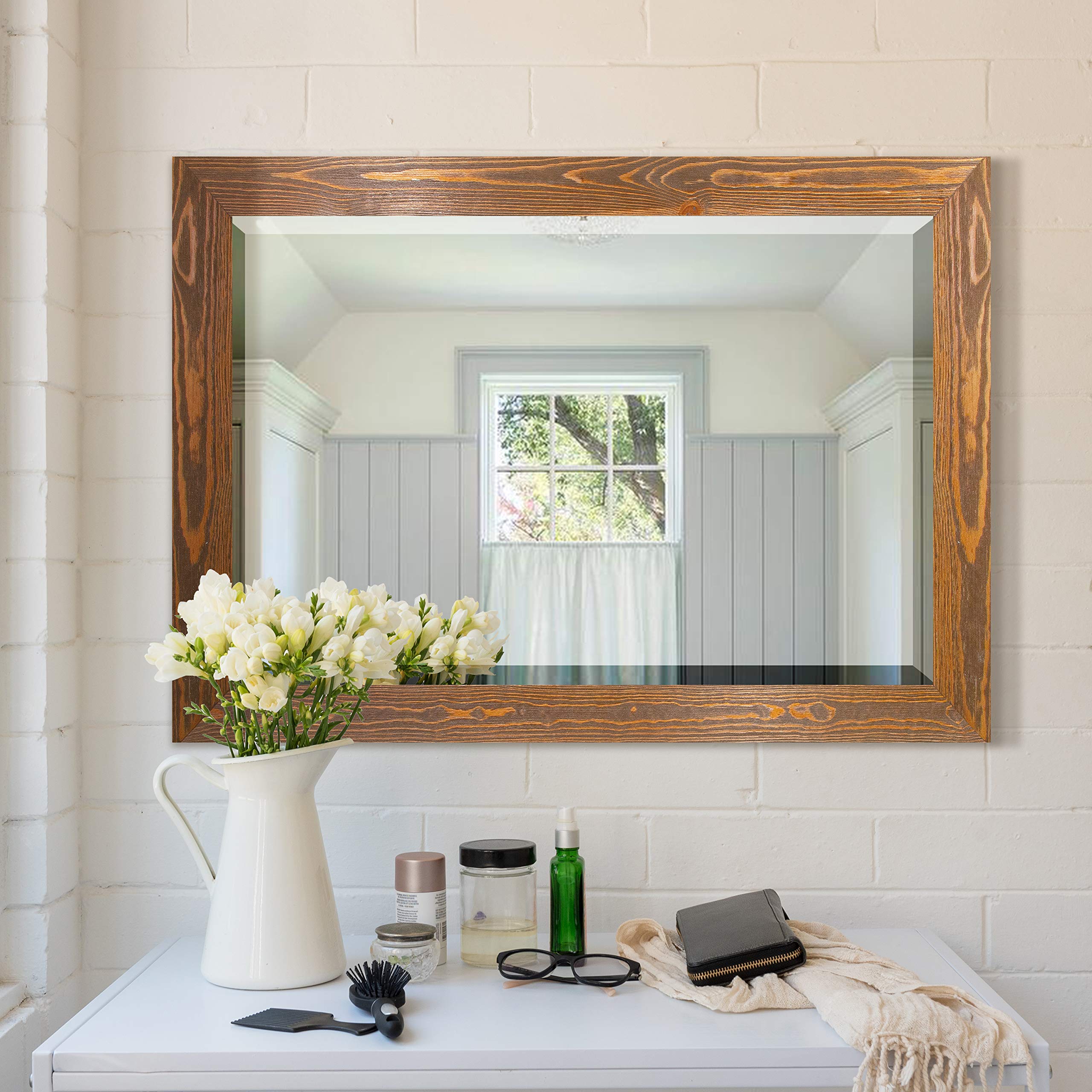 Rustic Maple Wood Rectangular Wall Mirror with Barnwood Frame - 41x29 Inches, Vertical or Horizontal Hanging for Living Room, Bedroom & Entryway Decor