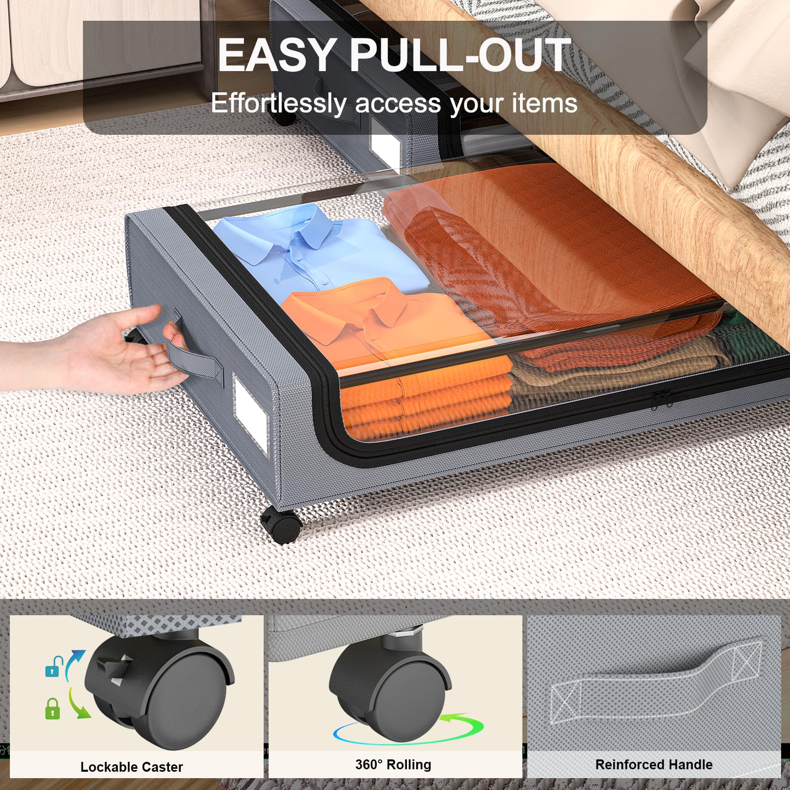GoMaihe Under Bed Storage with Wheels: XXL Underbed Storage Bins with Lids - Rolling Drawers for Shoes, Clothes & Bedding - Space-Saving Organizer for Dorm, Bedroom, Closet - Easy Pull-Out Grey 2-Pack - Perfect for Seasonal Storage & Small Space Organization