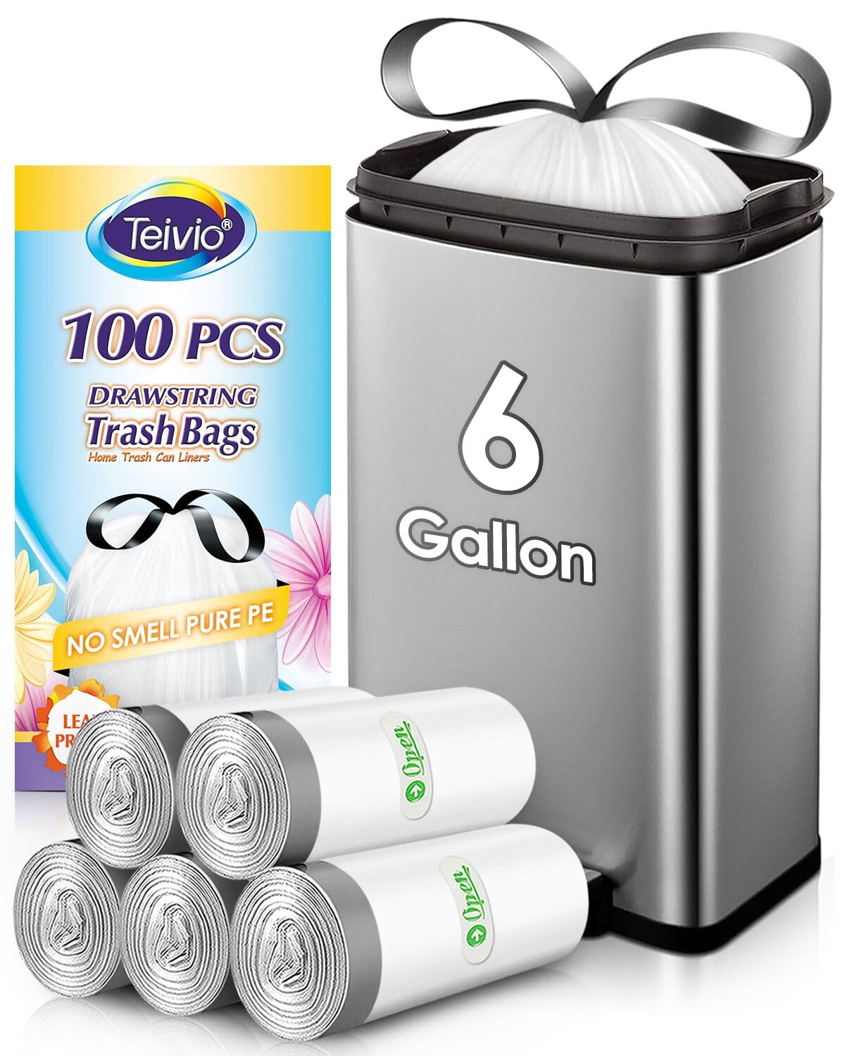 Teivio 6 Gallon 100-Count Heavy Duty Drawstring Trash Bags - Strong Leakproof Garbage Bags for Bathroom, Kitchen, Office & Home Use - White Plastic Bin Liners for Waste Cans & Trash Bins