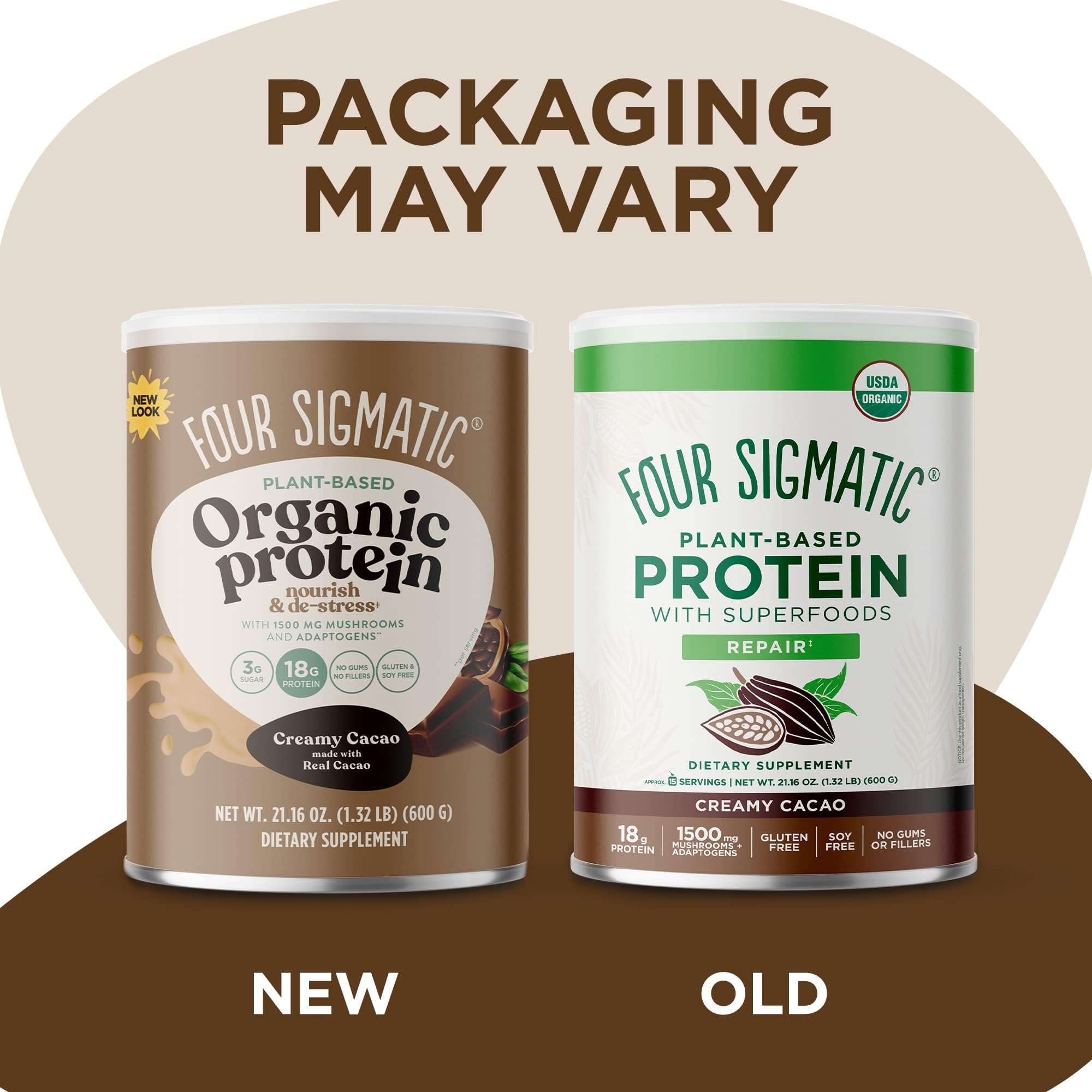 Four Sigmatic Organic Plant-Based Protein Powder Creamy Cacao with Lion’s Mane, Chaga & Cordyceps | Vegan Protein for Brain Function & Immune Support | 21.16 oz | Perfect for Smoothies, Baking & Post-Workout Recovery