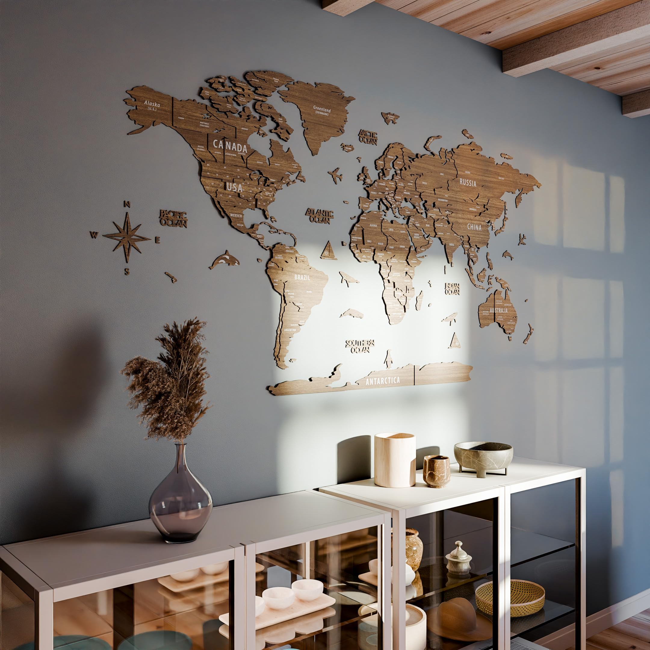 3D Wooden World Map Wall Art - Multilayered Travel Map with States & Capitals - Home Office Decor for Living Room, Bedroom - Perfect Gift for Travelers, Men, Birthday Present - Housewarming & Wedding Decor Idea