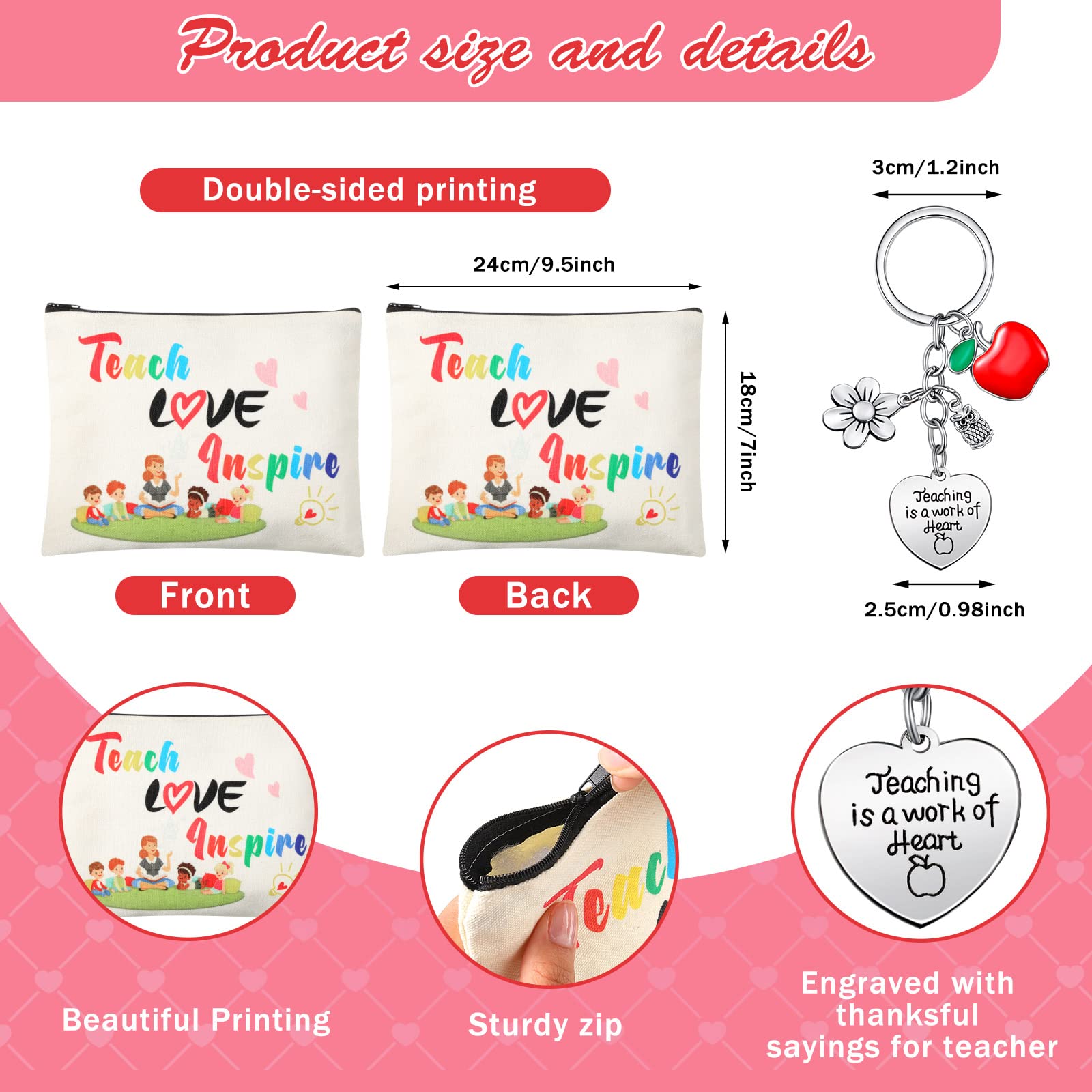 12 PCS Teacher Appreciation Gift Set - 6 Makeup Cosmetic Bags & 6 Keychains - Perfect for Teacher's Day, Valentine's Day, Graduation Gifts - Ideal for Classroom Rewards, Staff Recognition & Thank You Presents