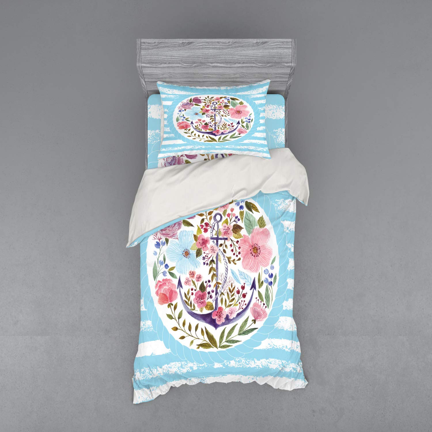 Ambesonne Vintage Duvet Cover Set - Nautical Anchor Marine Floral Roses Bouquet Wreath Antiqued Stripes 3-Piece Bedding with Sham & Fitted Sheet, Twin Size Multicolor - Perfect for Coastal & Cottage Style Bedrooms