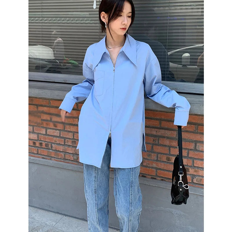 Women's Basic Office Polo Neck Loose Shirt - Solid Color Chic Zipper Fashion Top | Korean Style Streetwear | Perfect for Work, Casual Outings & Everyday Wear