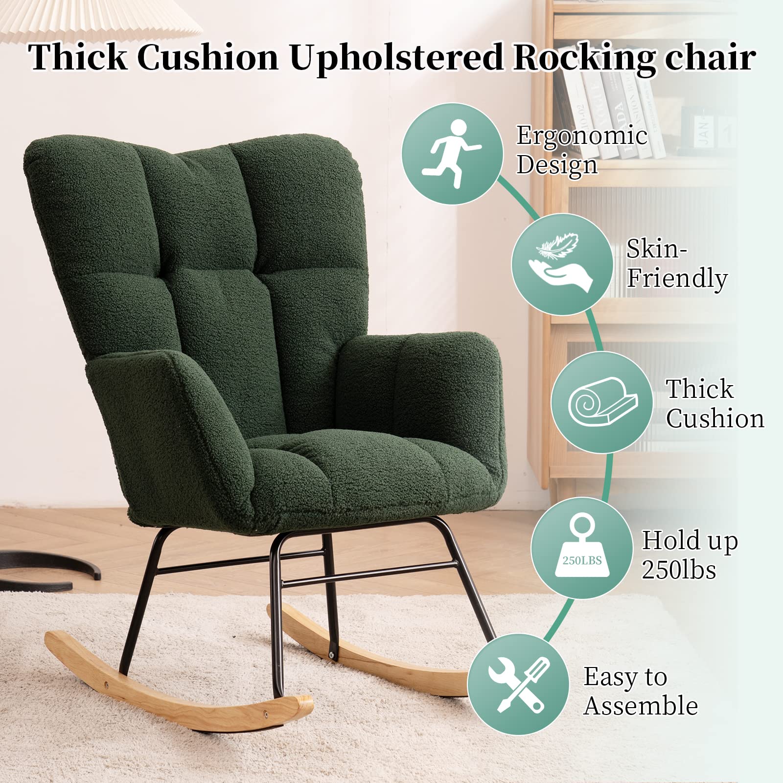 NIOIIKIT Nursery Rocking Chair - Soft Teddy Fabric Upholstered Glider Rocker with Padded Seat & High Backrest - Comfortable Accent Armchair for Living Room, Bedroom, Nursery (Green Teddy) - Perfect for Nursing, Reading & Relaxing