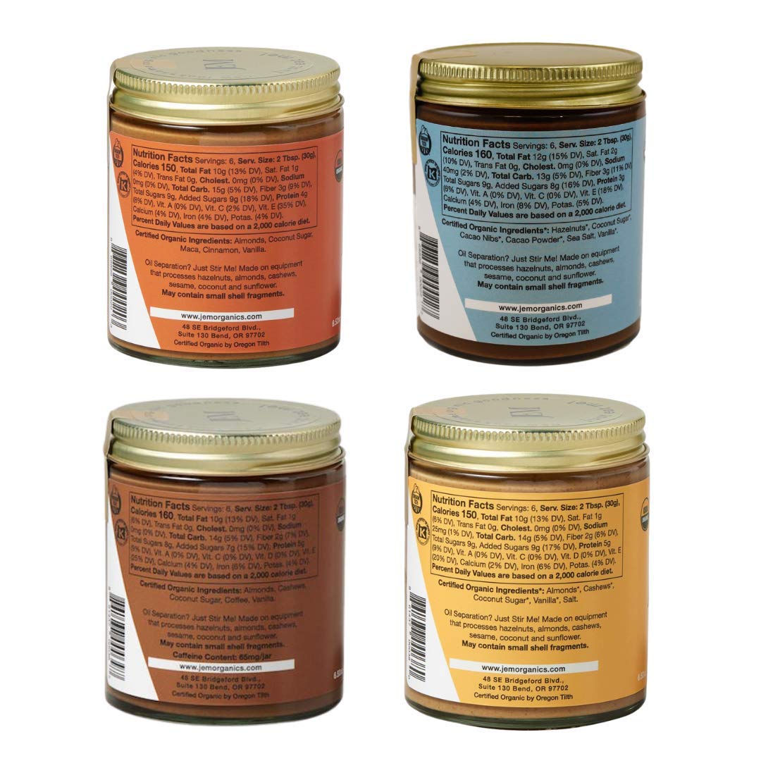 JEM Organics All Natural Sprouted Nut Butter Variety Pack - Almond Butter, Hazelnut Butter & Cashew Butter | Gluten-Free, Paleo, Vegan, Keto-Friendly Dessert Topping & Healthy Snack (6 oz, 4-Pack) | Perfect for Smoothie Bowls, Toast Toppings & Low-Carb Baking