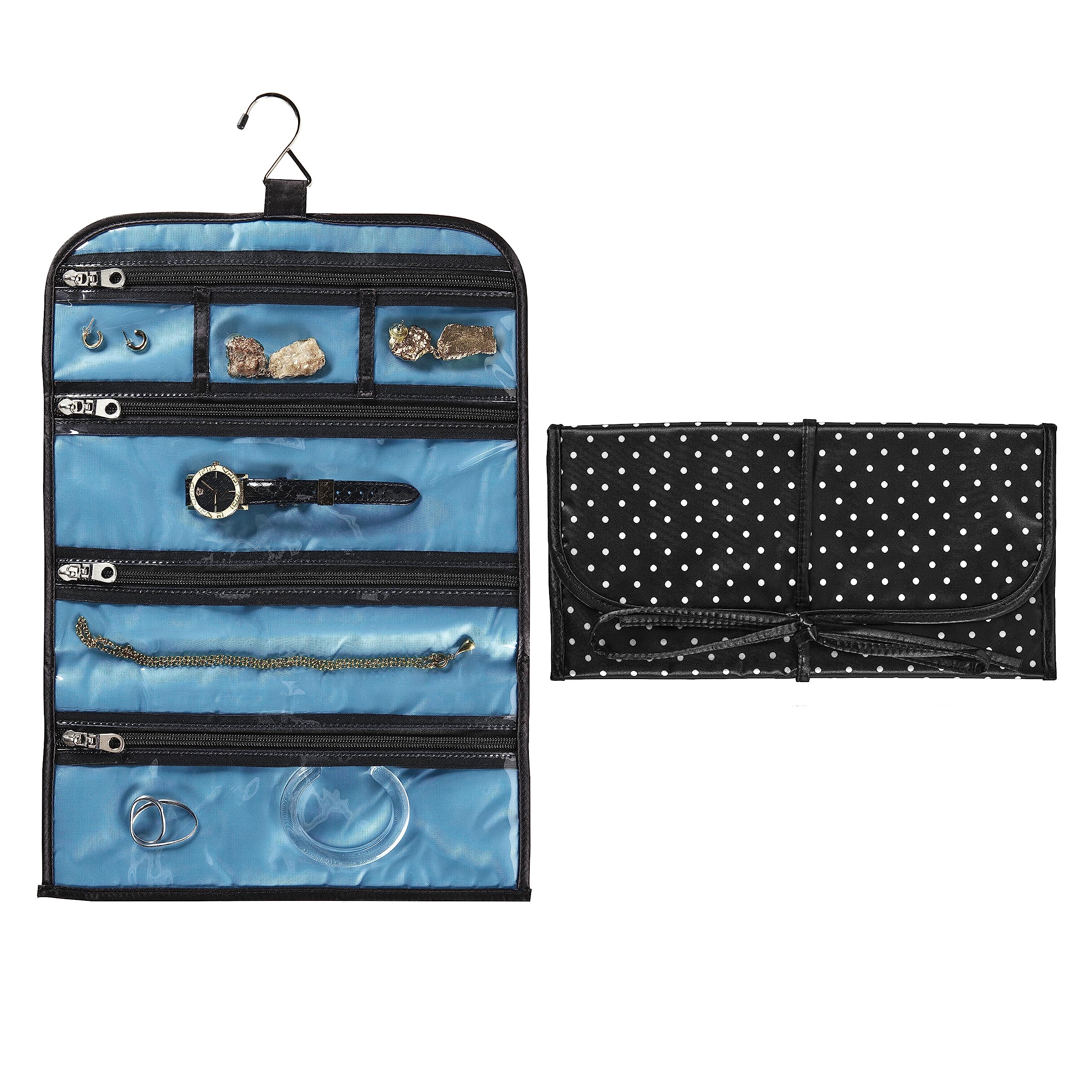 Conair Travel Jewelry Organizer - 6-Zippered Pockets Jewelry Case for Women, Compact Jewelry Storage Bag (Black/White) | Perfect for Airplane Carry-on, Vacation & Business Trips