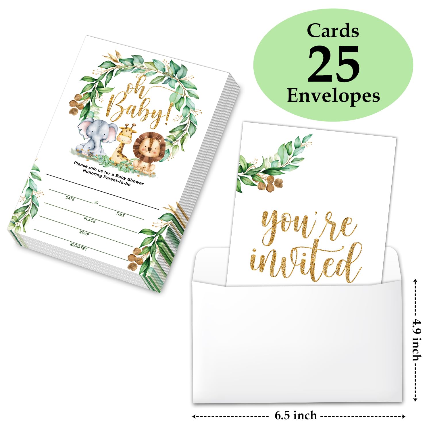 Jungle Animals Baby Shower Invitations with Envelopes - Greenery Safari Gender Reveal Fill-In Cards, Double-Sided Baby Announcement Invites for Shower Party Decorations & Supplies | Perfect for Jungle Theme Baby Showers and Gender Reveal Parties - A007