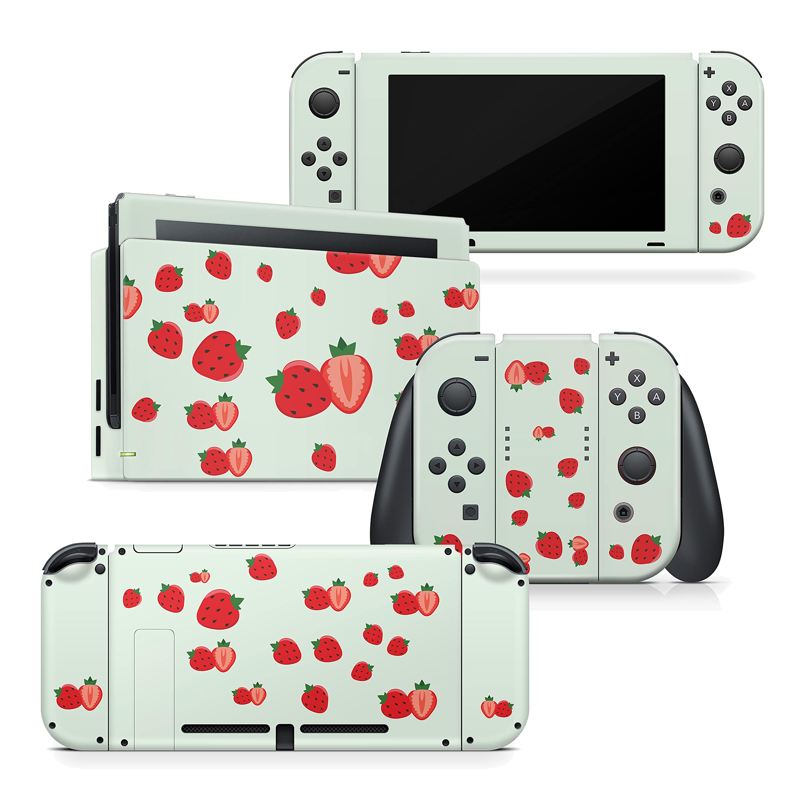 Kawaii Green Strawberry Vinyl Skin Wrap for Nintendo Switch - Premium 3M Full Body Decal Stickers | Protective Cover for Gaming Console | Perfect for Girls, Teens & Anime Lovers Gaming Setup