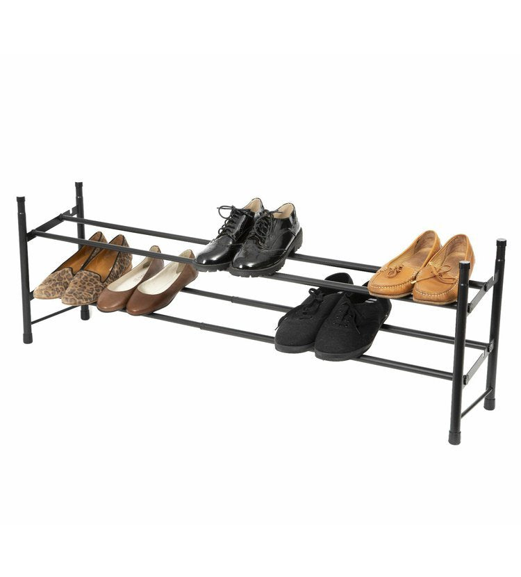 2-Tier Extendable Shoe Rack for Closet - Space Saving Black Shoe Organizer - Perfect for Entryway, Bedroom & Small Spaces