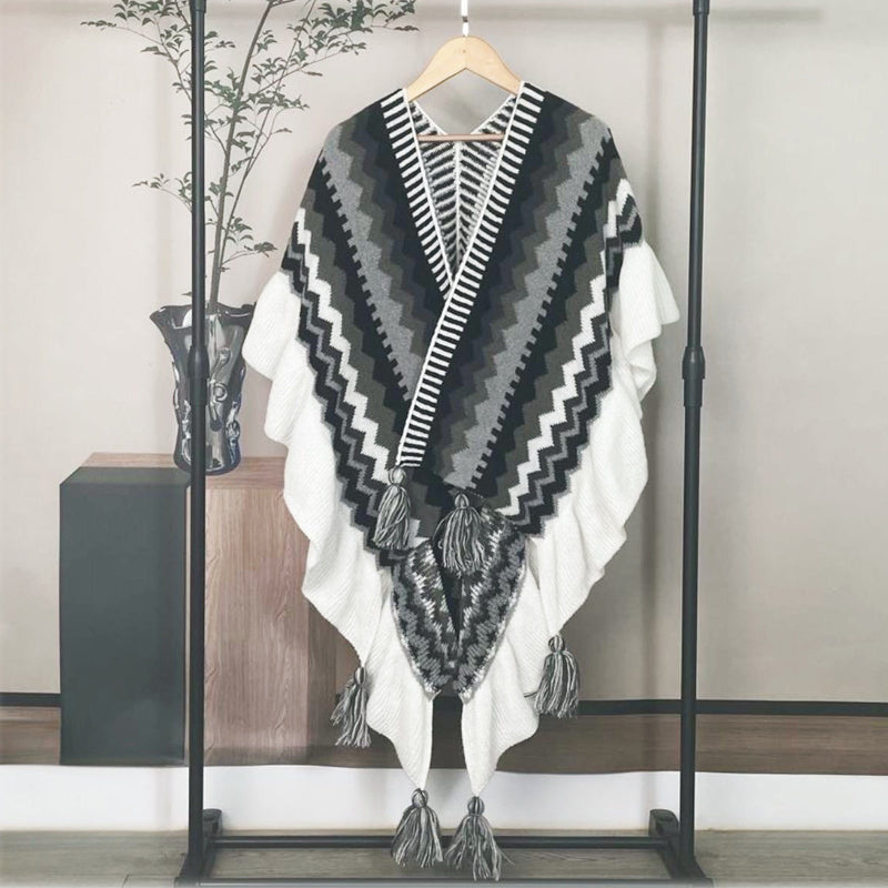 Stylish Long Wool Knitted Cape - Ethnic Inspired Winter Shawl Wrap for Women | Perfect for Outdoor Events, Parties & Cold Weather Fashion