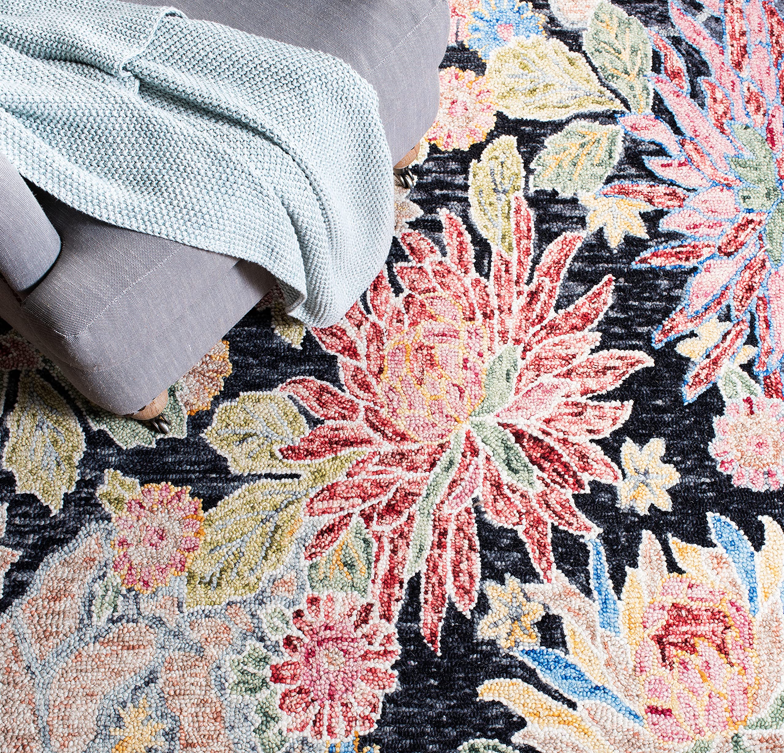 SAFAVIEH Jardin Collection 6'x6' Square Charcoal & Red Floral Handmade Wool Cotton Area Rug - Perfect for Living Room, Bedroom & Home Decor