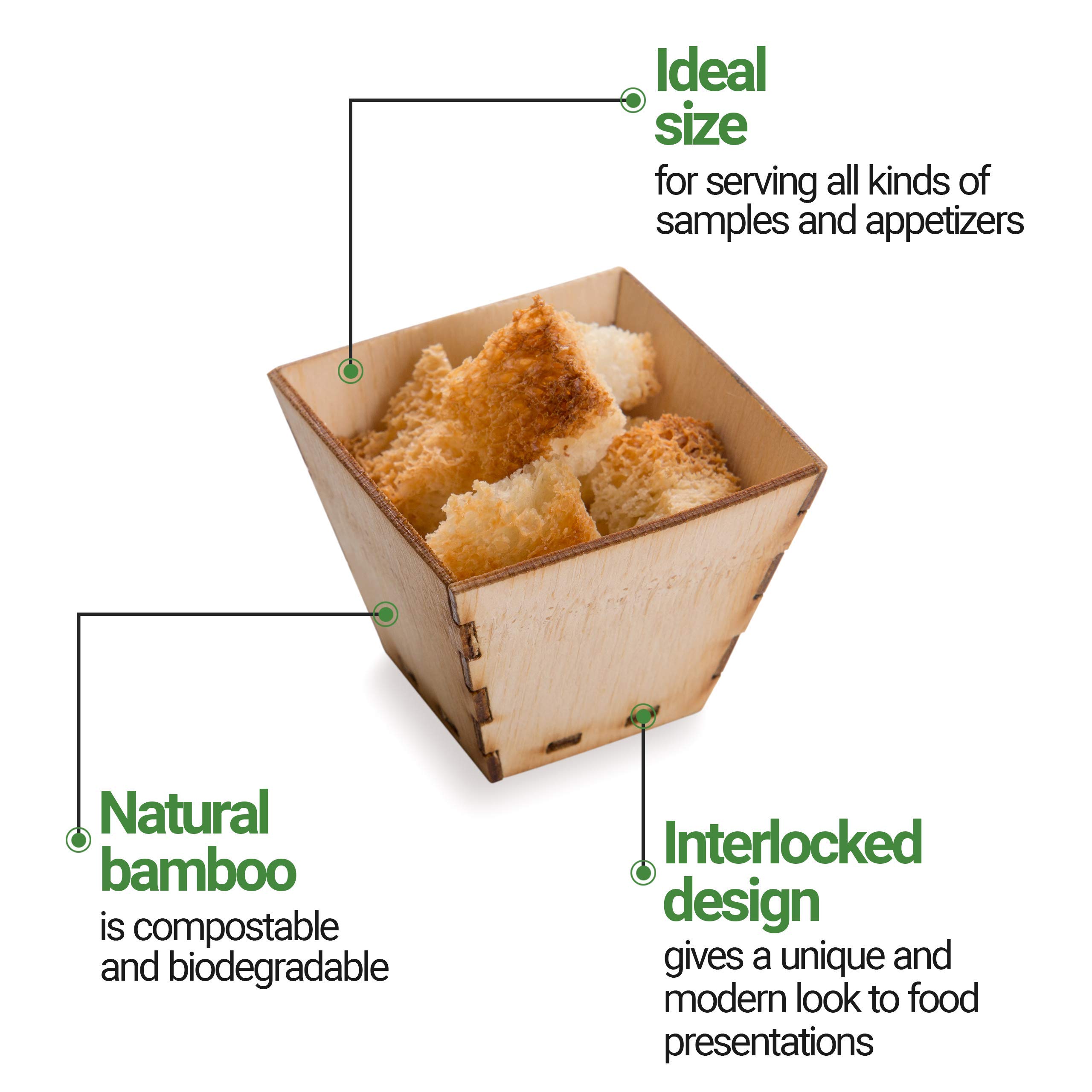 Eco-Friendly 2 oz Bamboo Appetizer Cups - 100-Pack Square Mini Dessert Bowls | Durable Disposable Tasting Bowls for Snacks, Samples, Parties & Catering Events