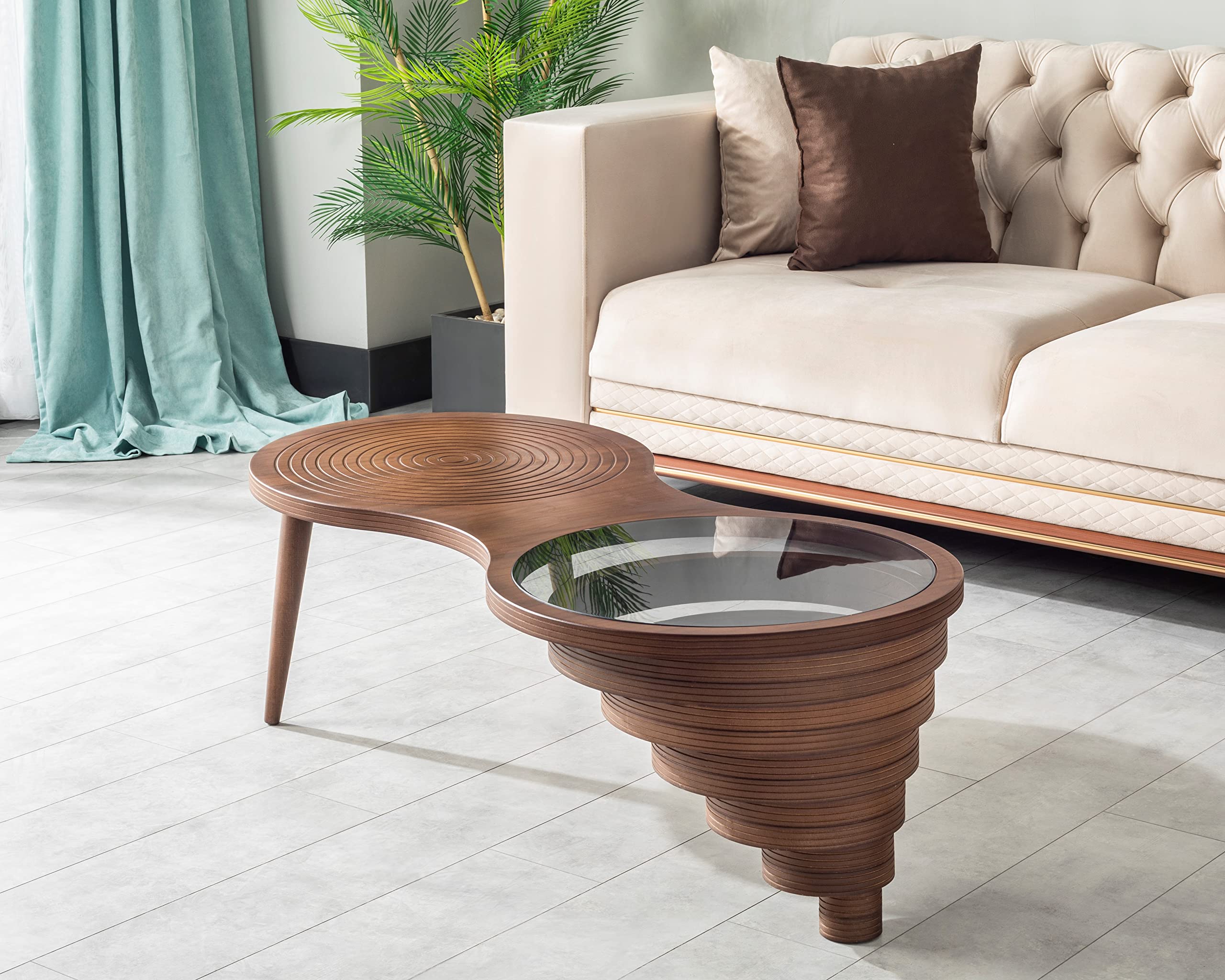Natural Walnut Veneer Coffee Table for Living Room - Rustic Center Table with Glass Top - Modern Mesa De Centro para Sala - Perfect for Relaxing, Entertaining & Home Decor