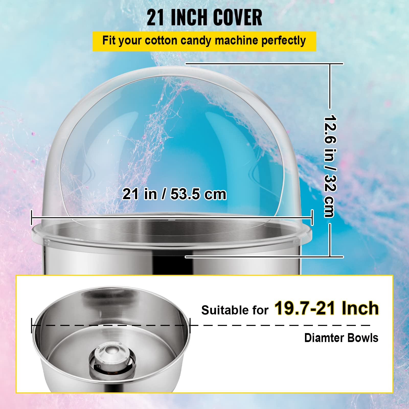 VBENLEM 21 Inch Clear Plastic Cotton Candy Machine Cover - Commercial Bubble Shield for Floss Maker - Perfect for Fairs, Carnivals, and Candy Shops