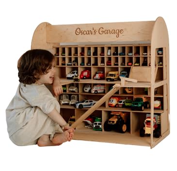 Wooden Toy Parking Garage with Elevator - Car Storage Organizer for Hot Wheels & Mini Toy Cars - Gift for Toddlers 1-4 Years Old - Big Natural Wood Case Shelf - Perfect for Playrooms, Bedrooms & Preschool Learning Activities