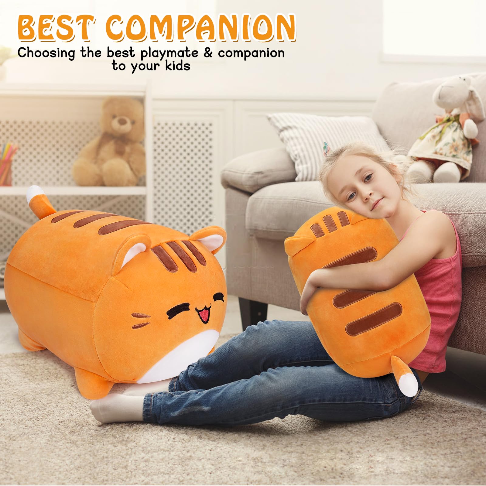 Soft Kawaii Cat Plush Toy - 15.7 Inch Cute Stuffed Animal Doll, Fluffy Kitten Pillow for Birthday, Christmas & New Year Gifts | Home Decor, Nursery, Kids Room & Cuddling Companion