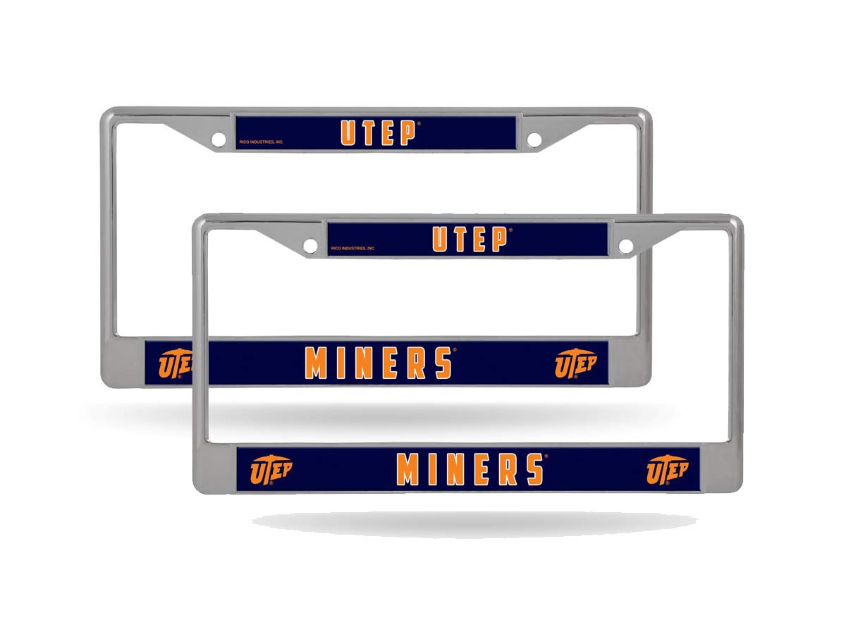 UTEP Miners Chrome Metal License Plate Frame Set of 2 - Rico Texas El Paso Car Accessories for Alumni & Fans - Perfect for Trucks, Cars & Tailgating