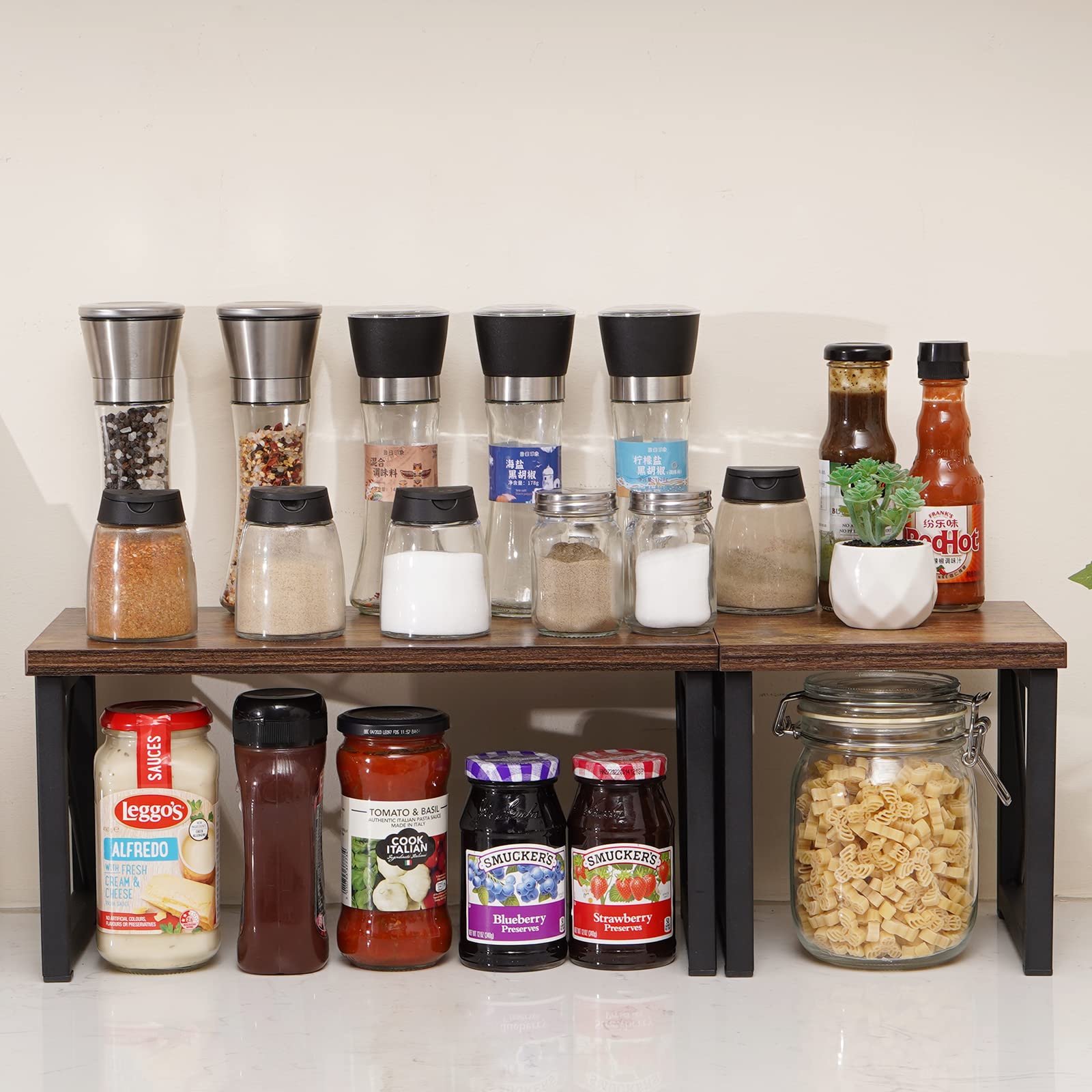 Giikin Wood Desktop Shelf - Adjustable 2-Tier Table Top Corner Shelf Stand for Kitchen Counter, Office Desk & Home Organization - Monitor Riser, Spice Rack, Cup Holder, Jar Organizer - Stackable Space-Saving Storage Solution for Small Spaces