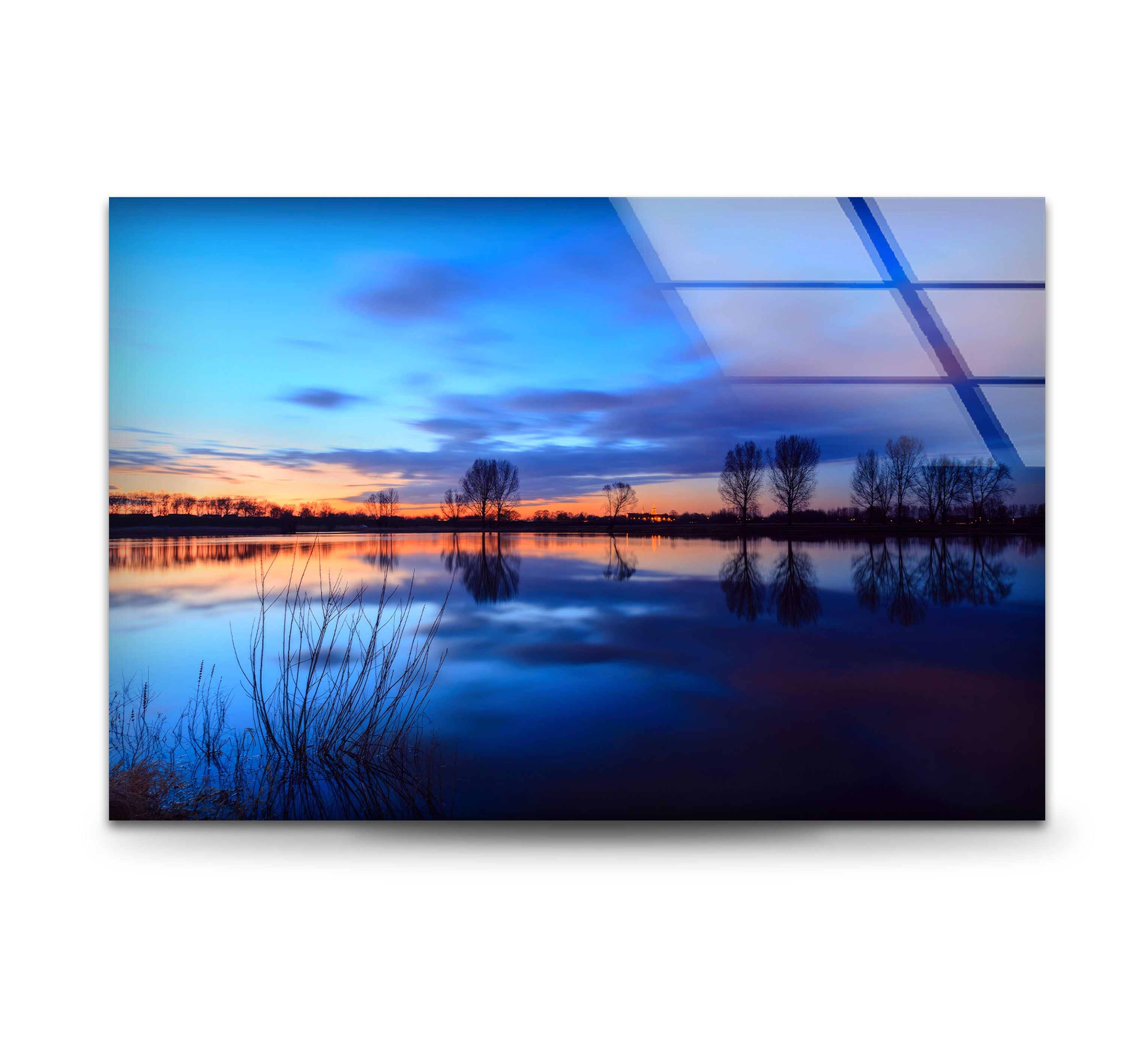 Blue Sunset Lake Wall Art - Serene Landscape Glass Print for Modern Home & Office Decor | Perfect for Living Room, Bedroom & Meditation Spaces