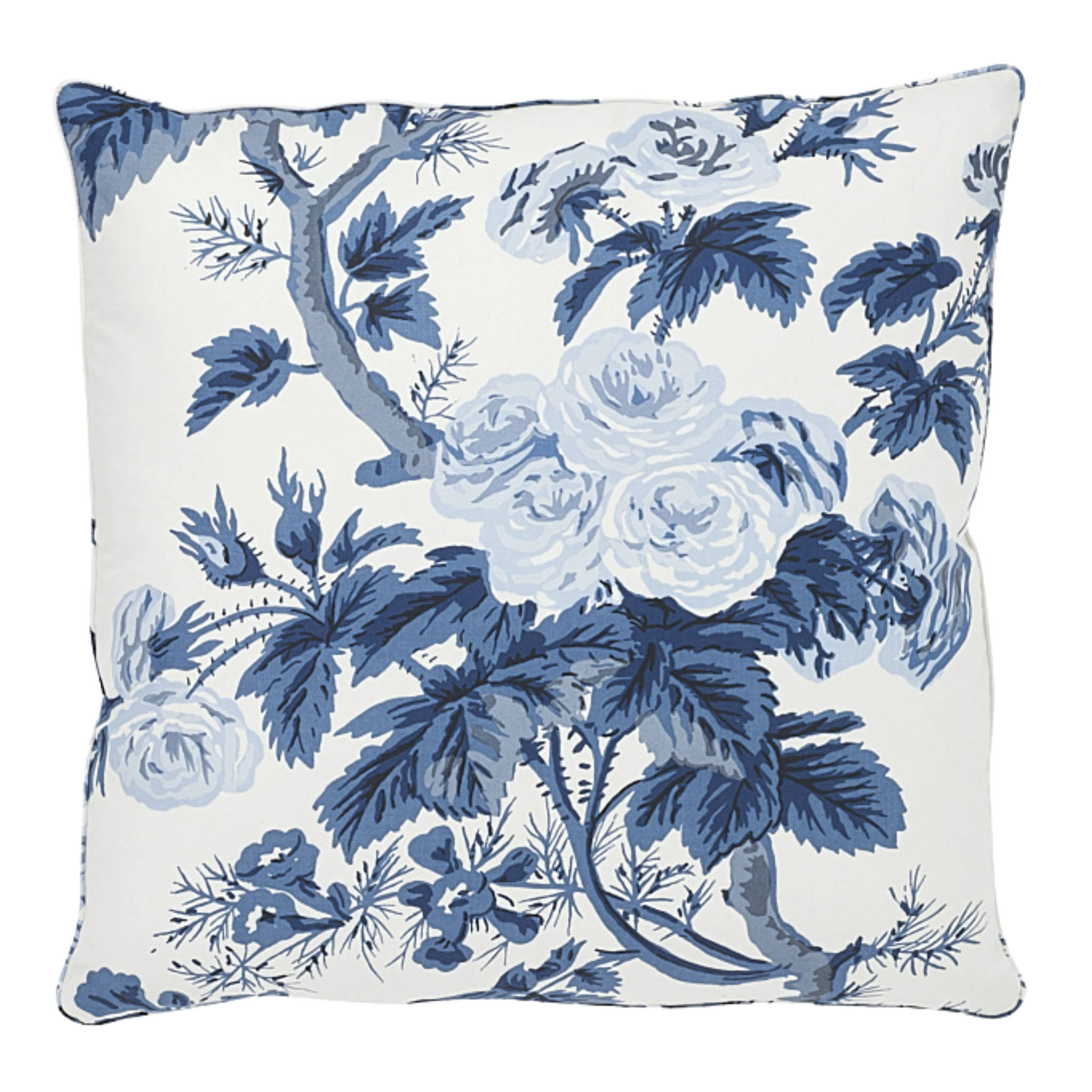 Blue & White Pyne Rose and Hollyhock 18-Inch Throw Pillow Cover - Floral Decorative Cushion for Sofa, Bed, Living Room, and Home Decor