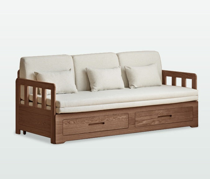 Solid Oak Wood Sofa Bed with Folding & Retractable Storage | Convertible Sleeper for Small Spaces, Guest Rooms & Apartments