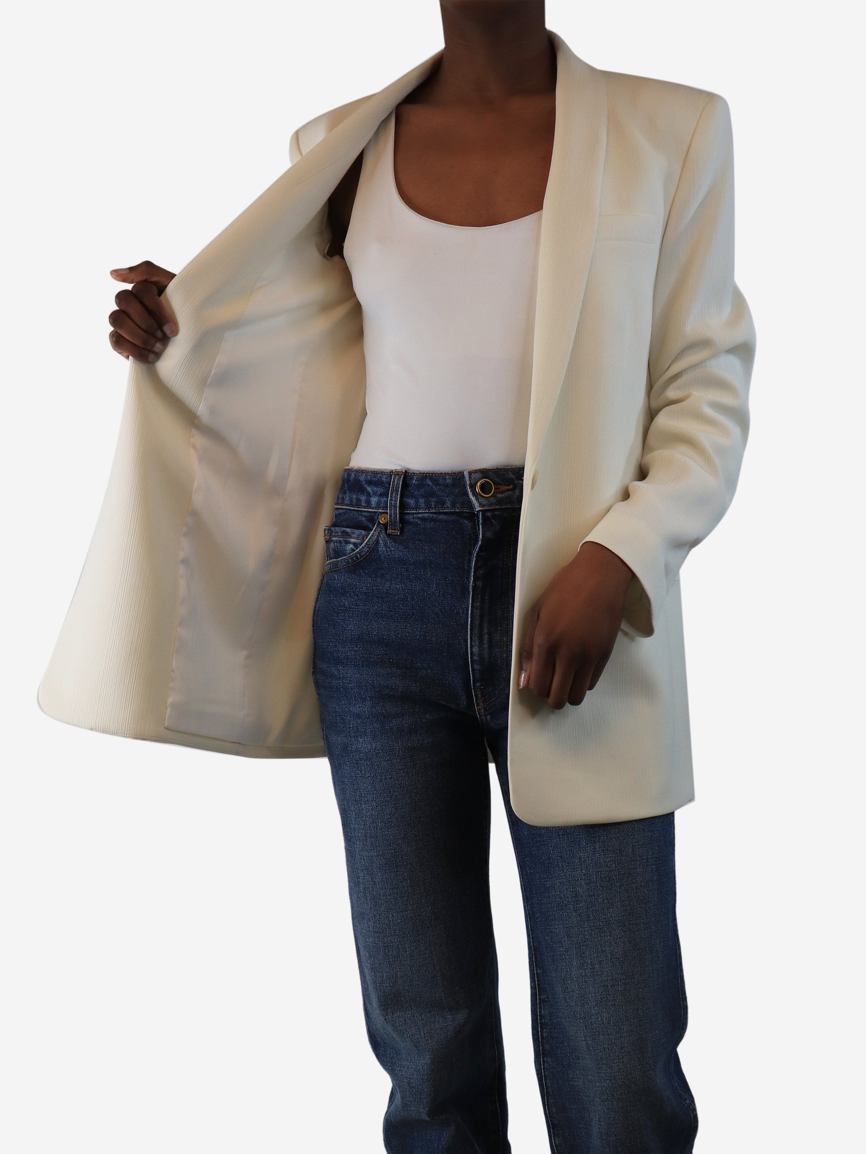 Elegant Cream Single-Breasted Plisse Blazer for Women - Size UK 6 (US 4) | Perfect for Office Wear, Business Meetings & Formal Events