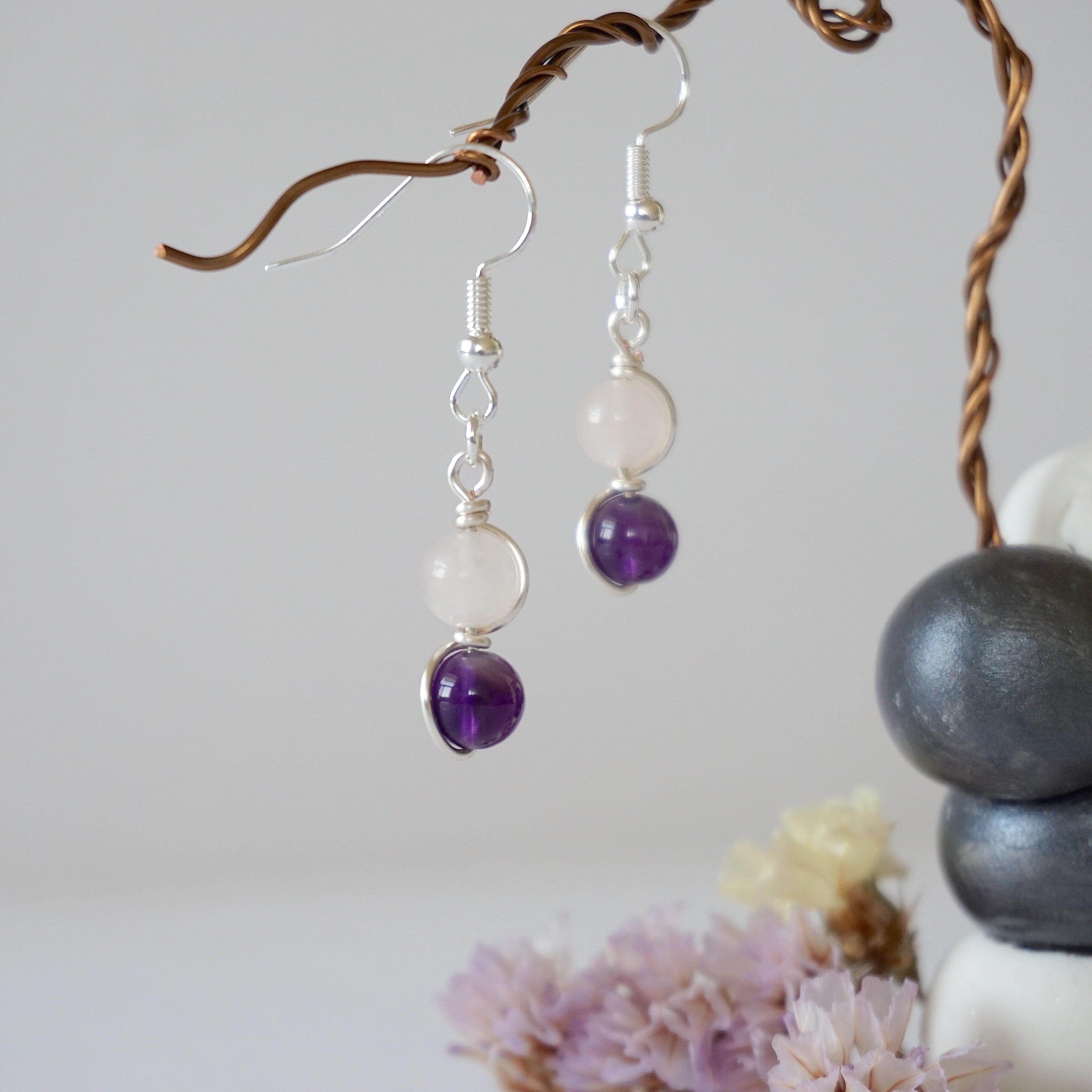 Rose Quartz & Amethyst Drop Earrings - Silver Plated Double Bead Dangle Earrings for Women | Healing Crystal Jewelry, Gift for Her, Birthday, Wedding, Meditation & Spiritual Healing